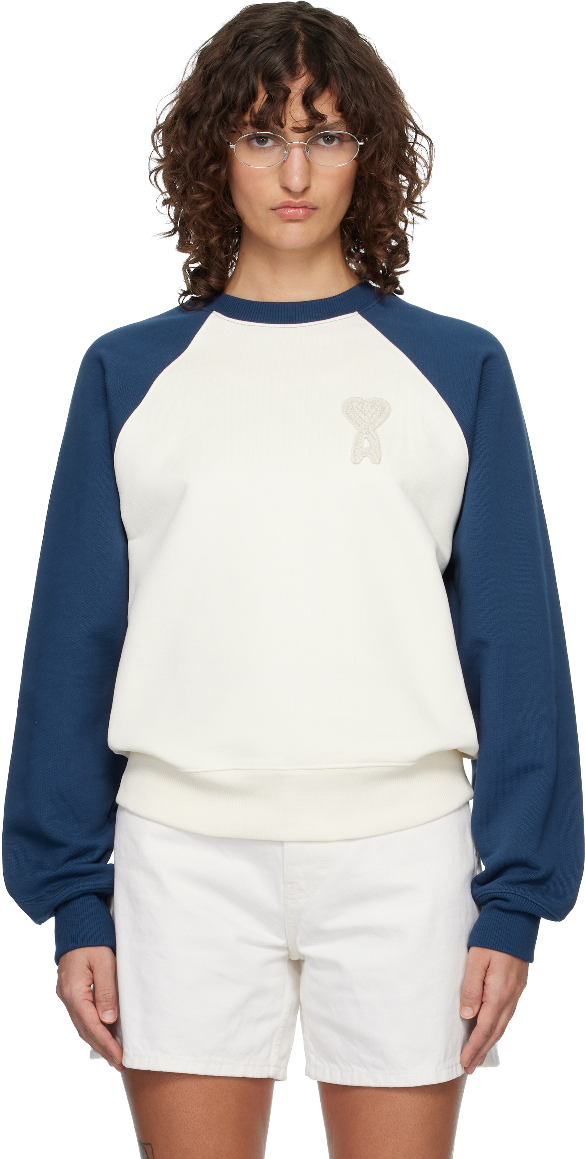 AMI Paris: Off-White & Navy Cotton Knitted Ami de Coeur Sweatshirt