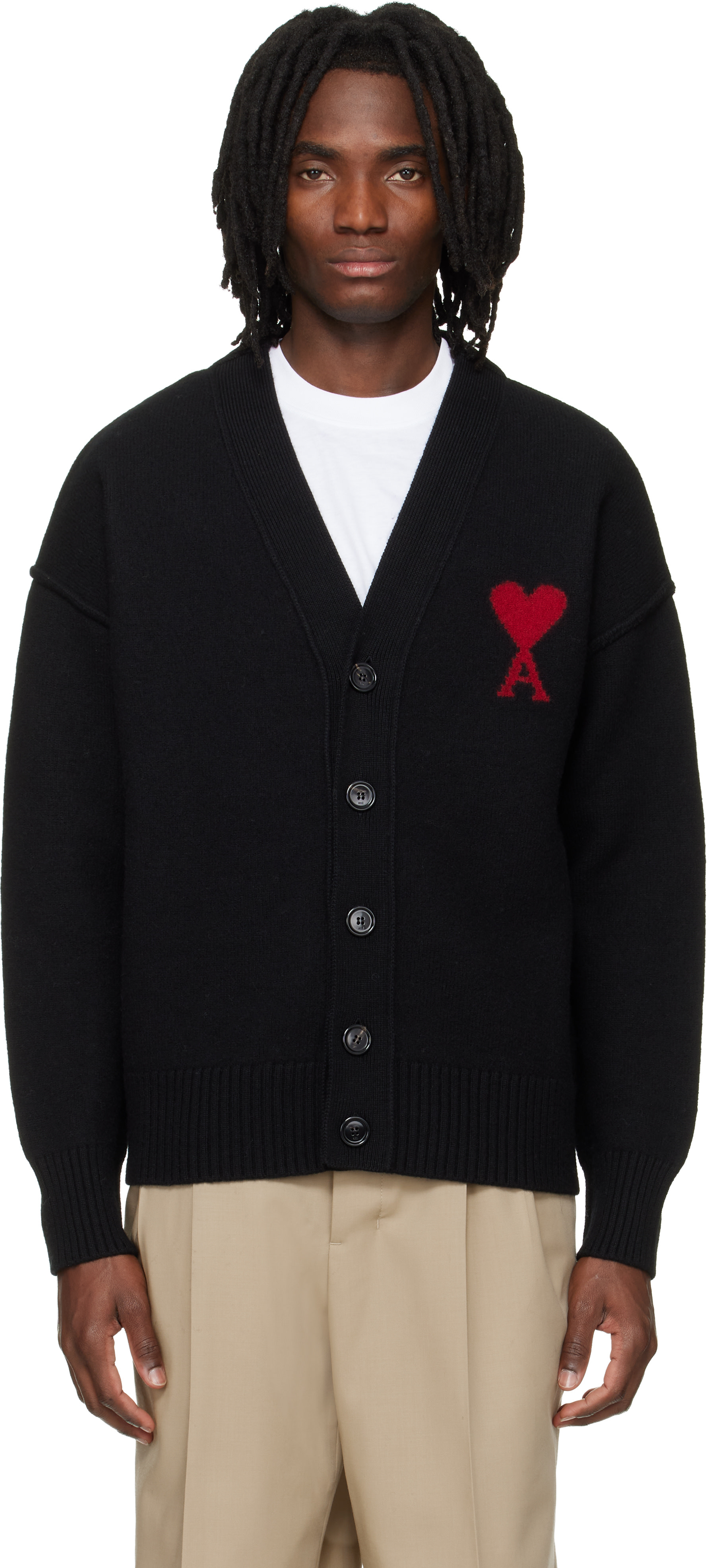 AMI PARIS アミパリス Ami de Coeur cardigan AMI Paris: Black Wool Contrasted Ami de Coeur Cardigan | SSENSE
