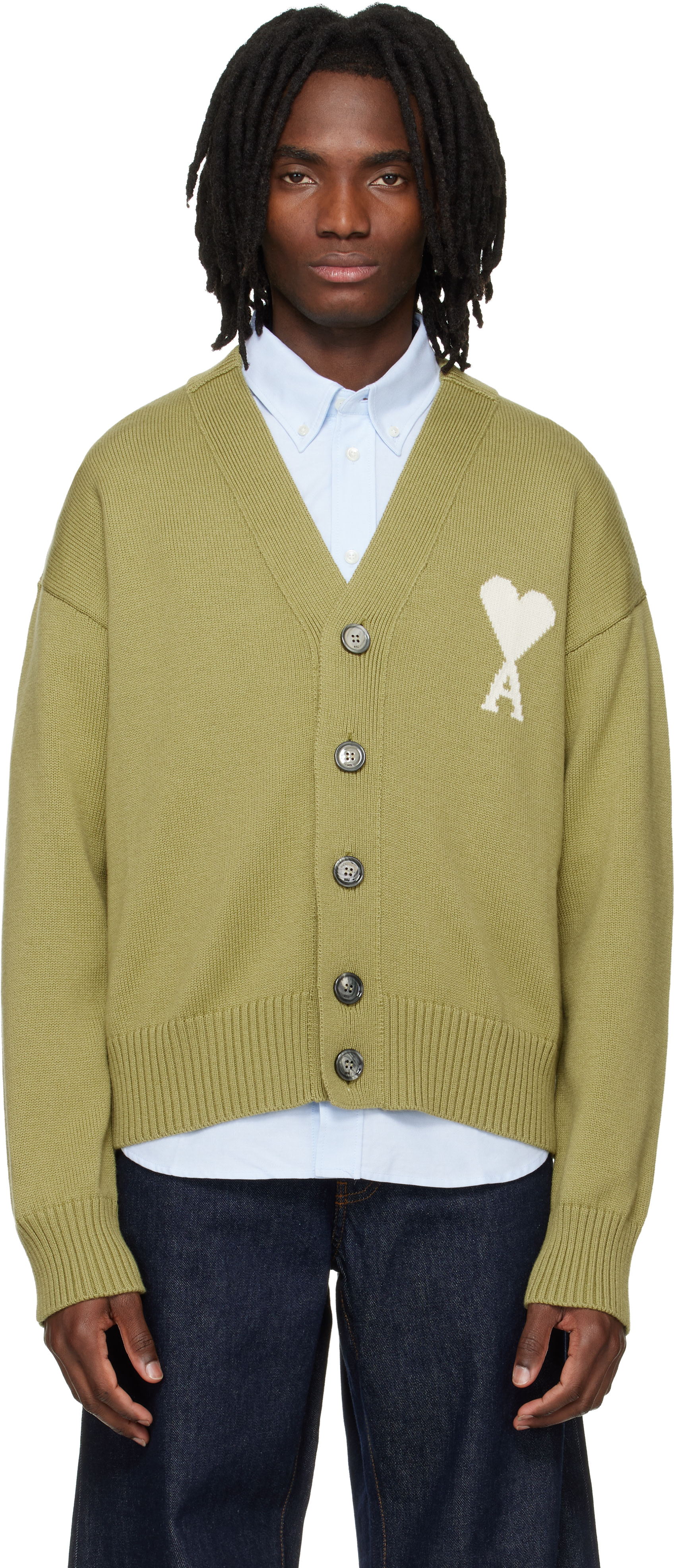 AMI Paris: Green Wool Ami de Coeur Cardigan | SSENSE