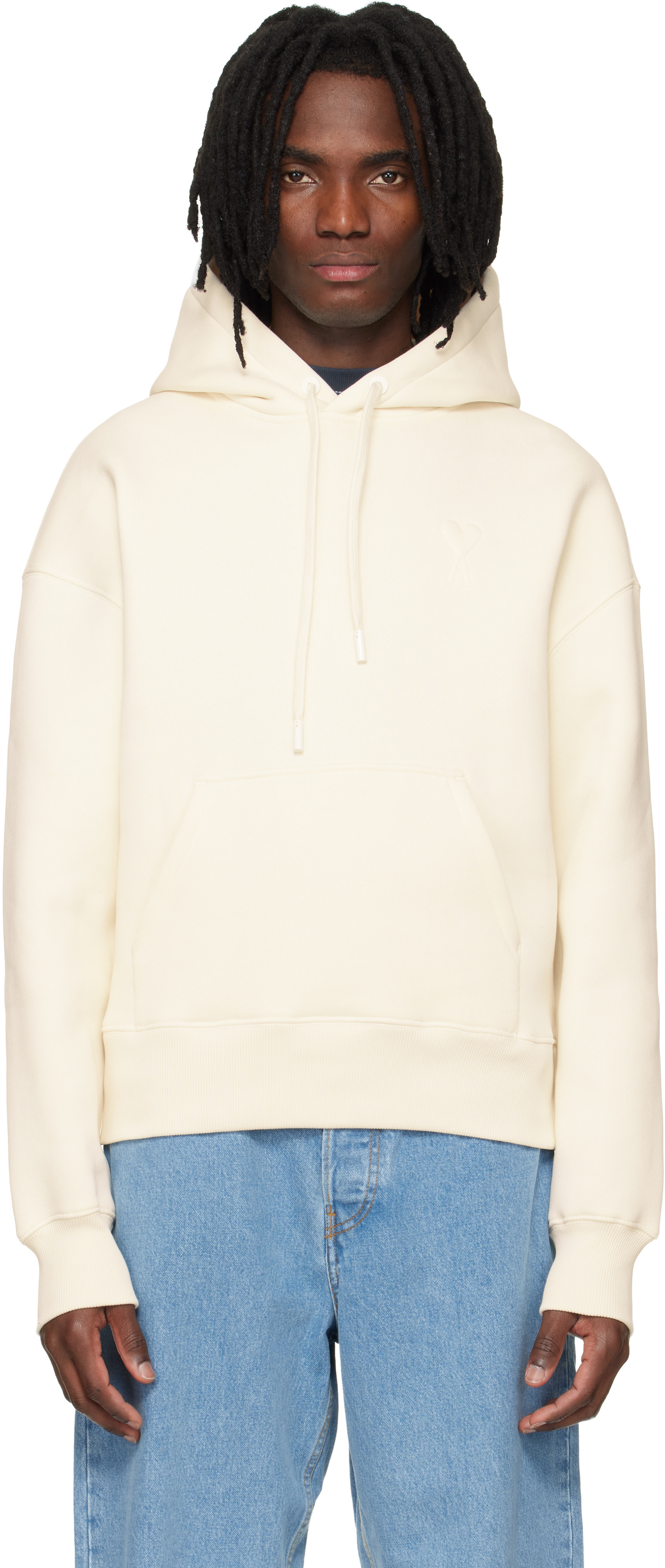 AMI Paris: Off-White Cotton Embossed Ami De Coeur Hoodie | SSENSE