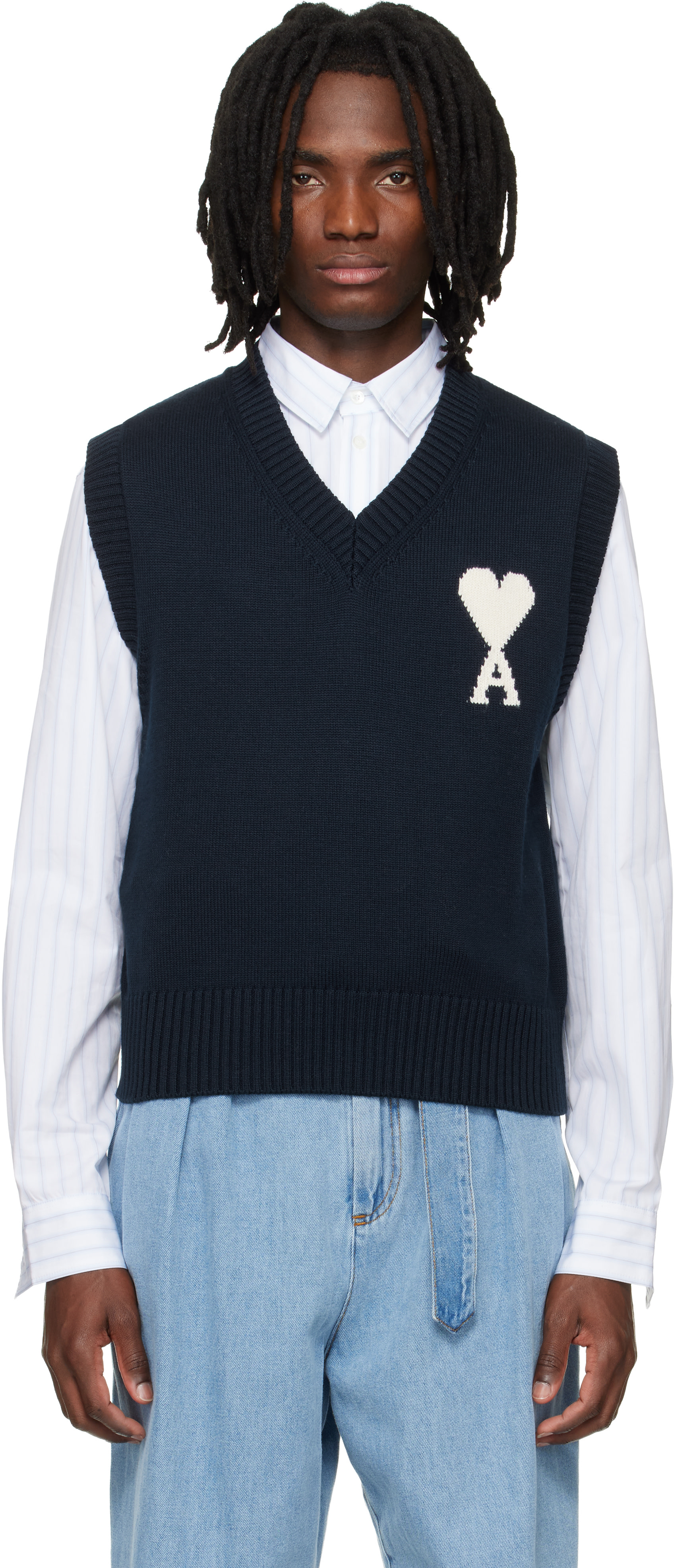 Ami Paris アミパリス　ニットベスト　ネイビー AMI Paris: Navy Wool Cotton Sleeveless Ami de Coeur Sweater | SSENSE