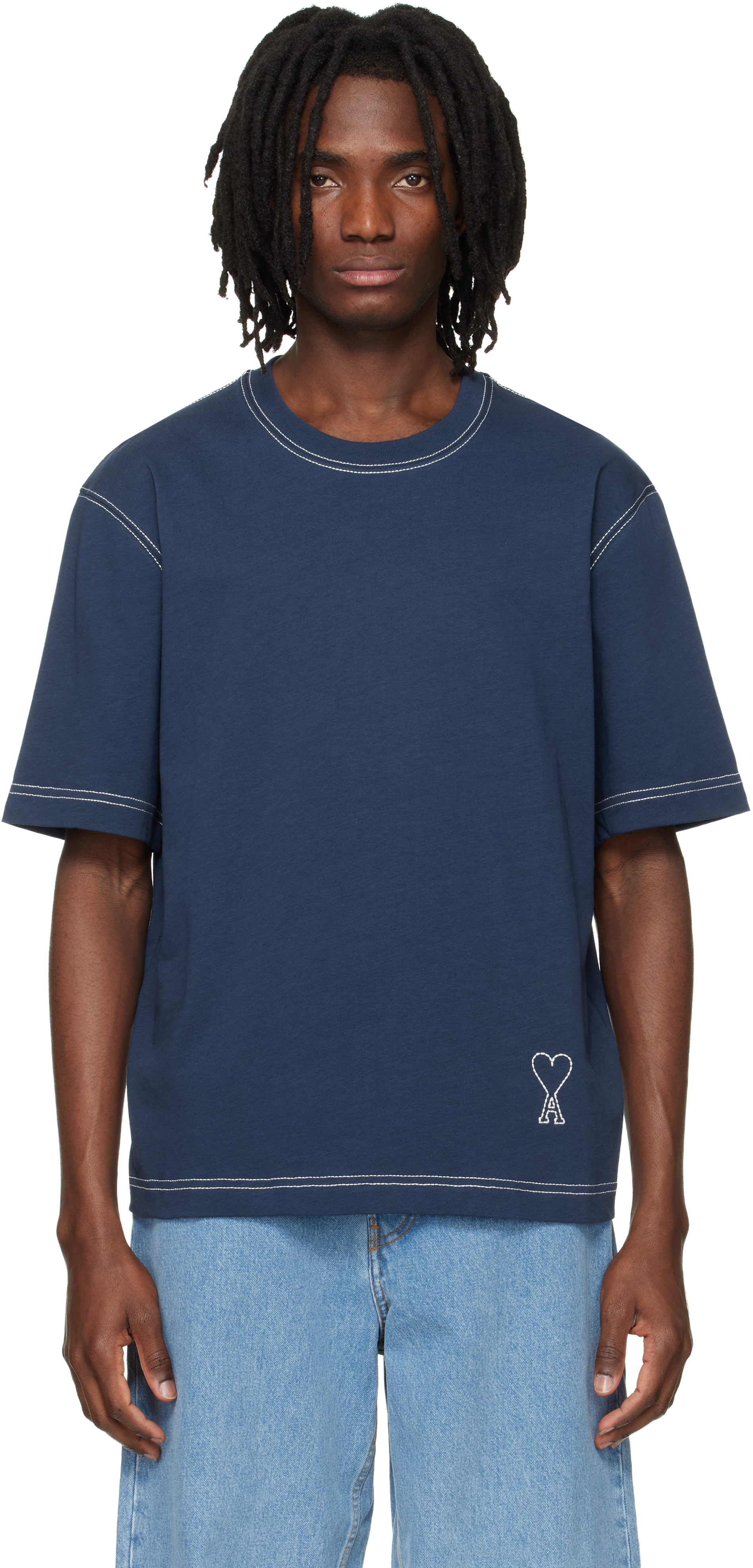 AMI Paris: Blue Boxy Fit Topstitched Ami de Coeur T-shirt | SSENSE