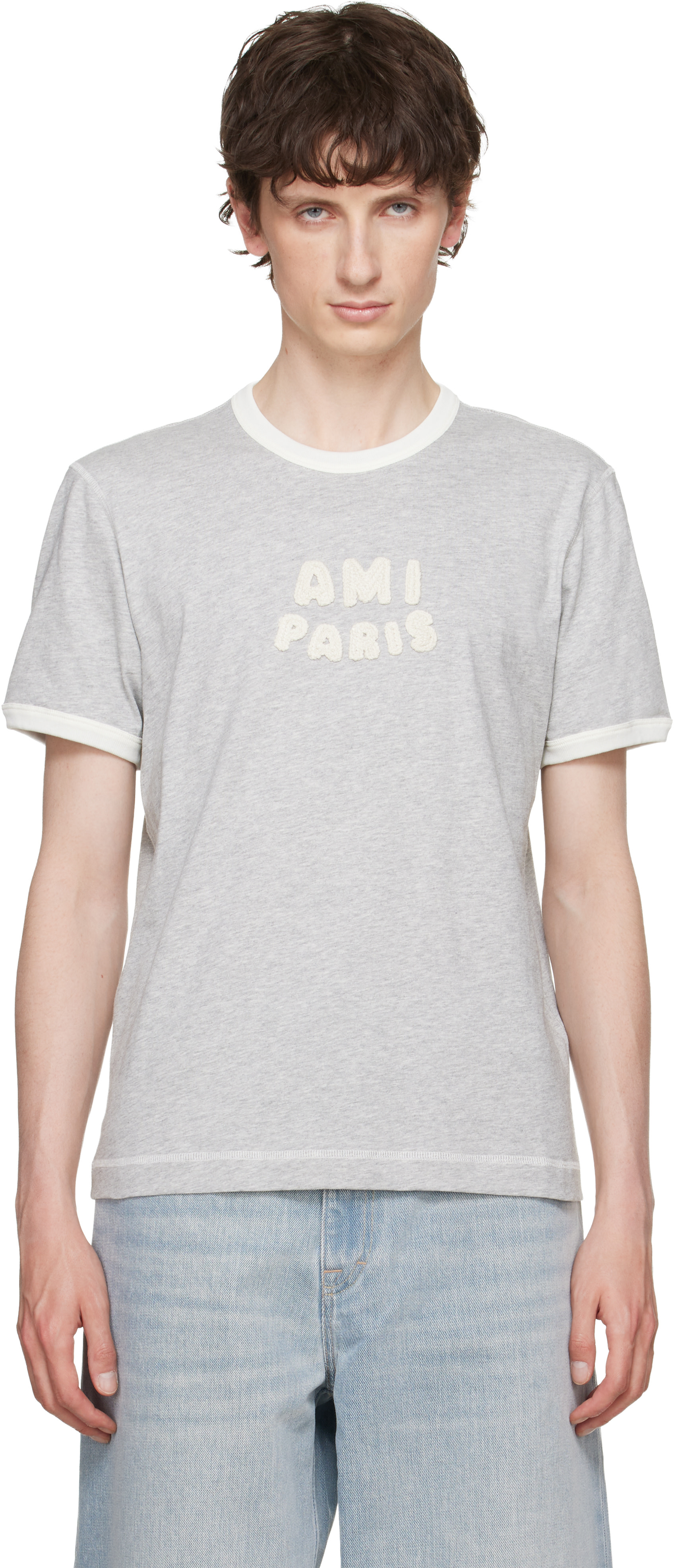 Ami paris Tシャツ AMI Paris: Gray Cotton 'Ami Paris' Knitted Patch T-shirt | SSENSE