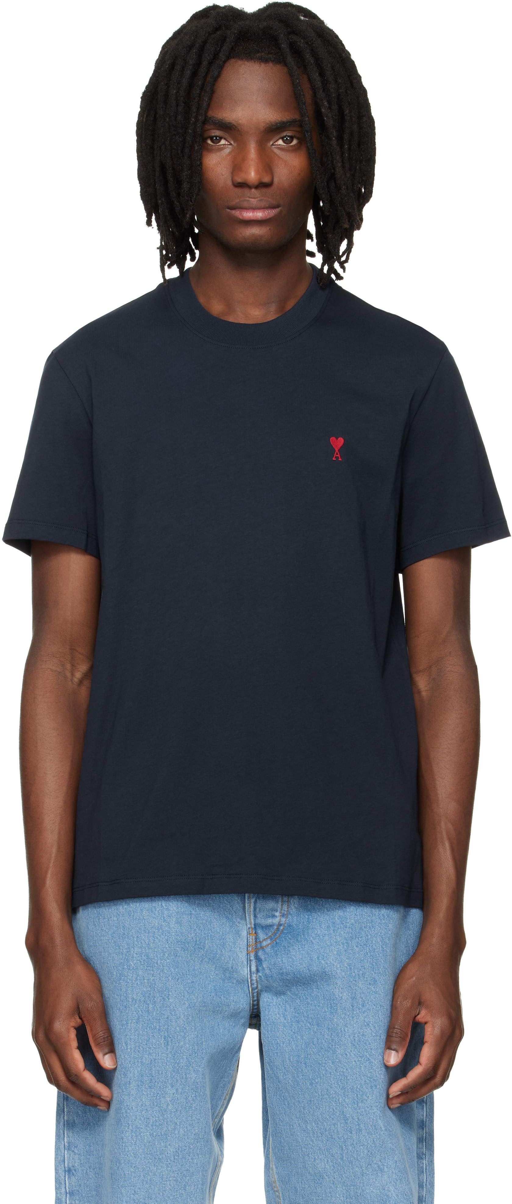 AMI Paris: Navy Cotton Red Ami de Coeur T-shirt | SSENSE