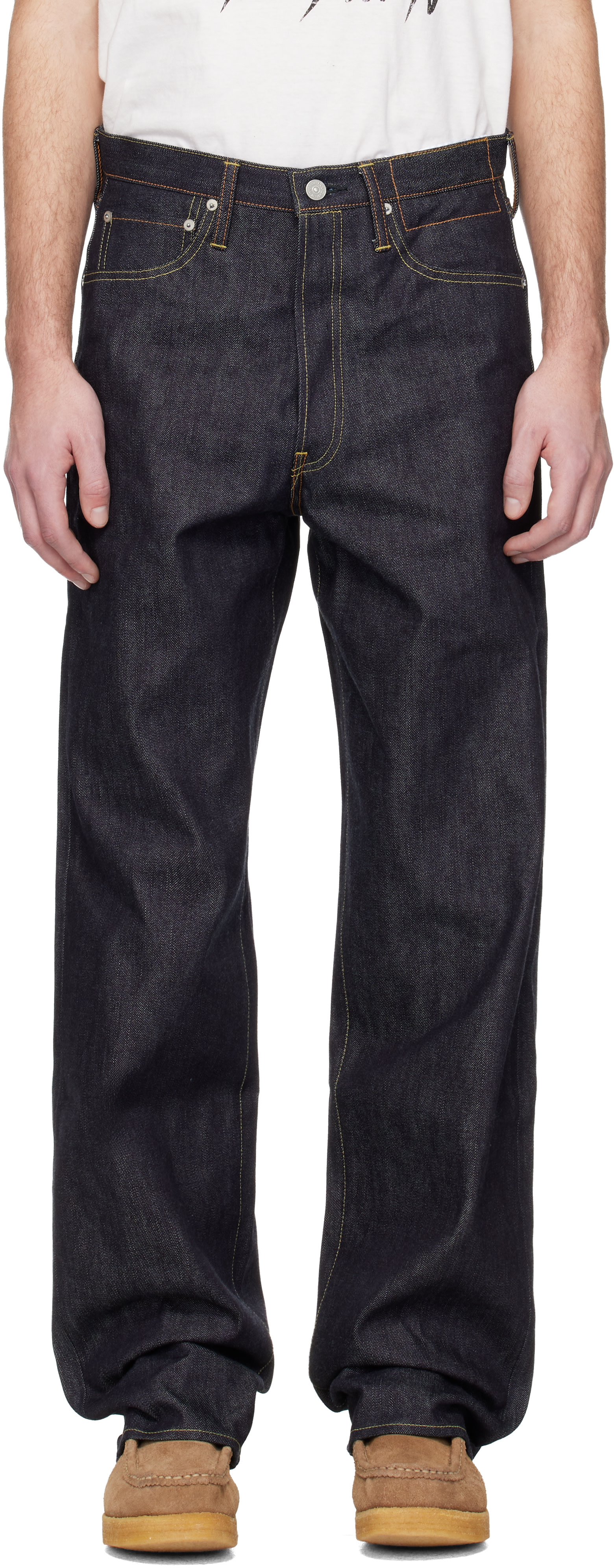 visvim: Navy Social Sculpture 01 Ex WD Unwashed Jeans | SSENSE