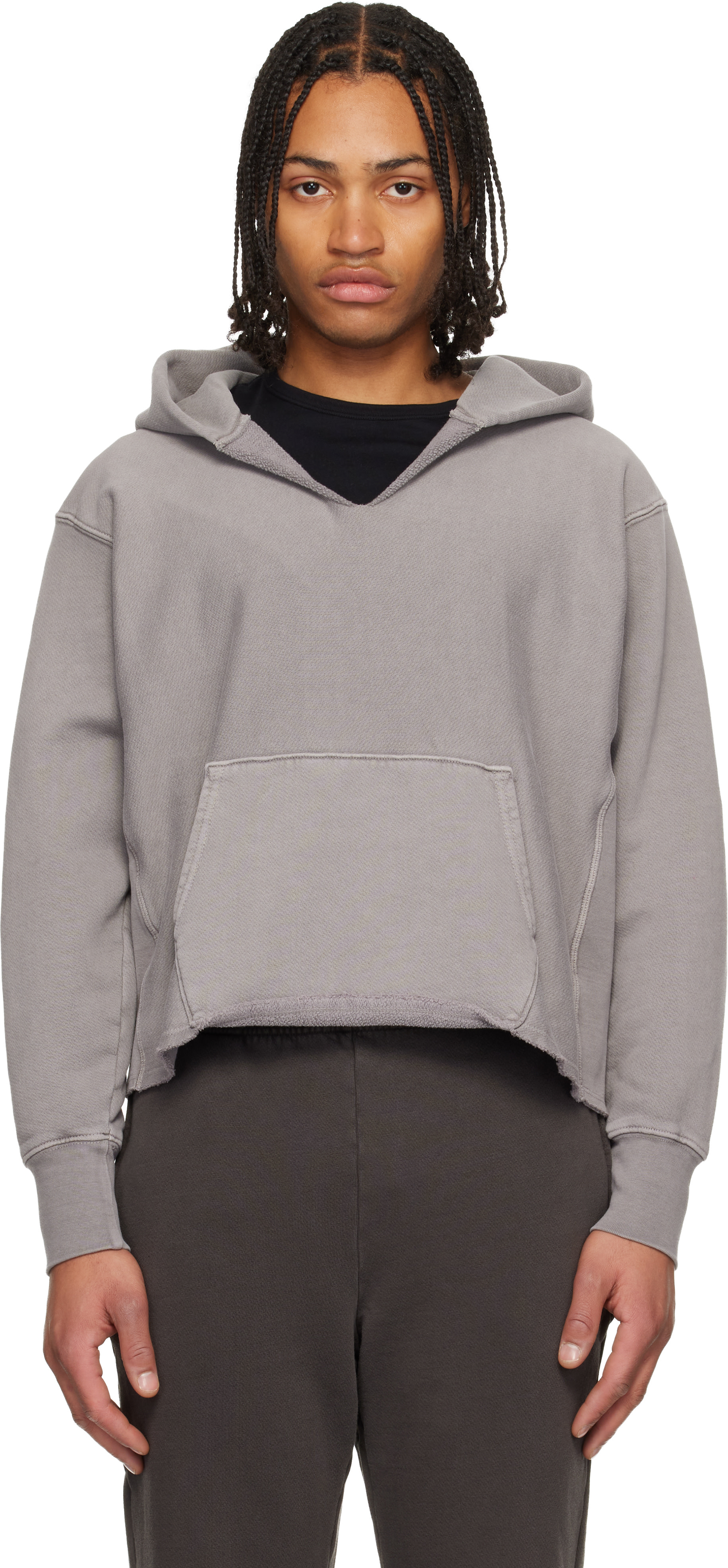 Les Tien: Gray Heavyweight Raw Cropped Hoodie | SSENSE