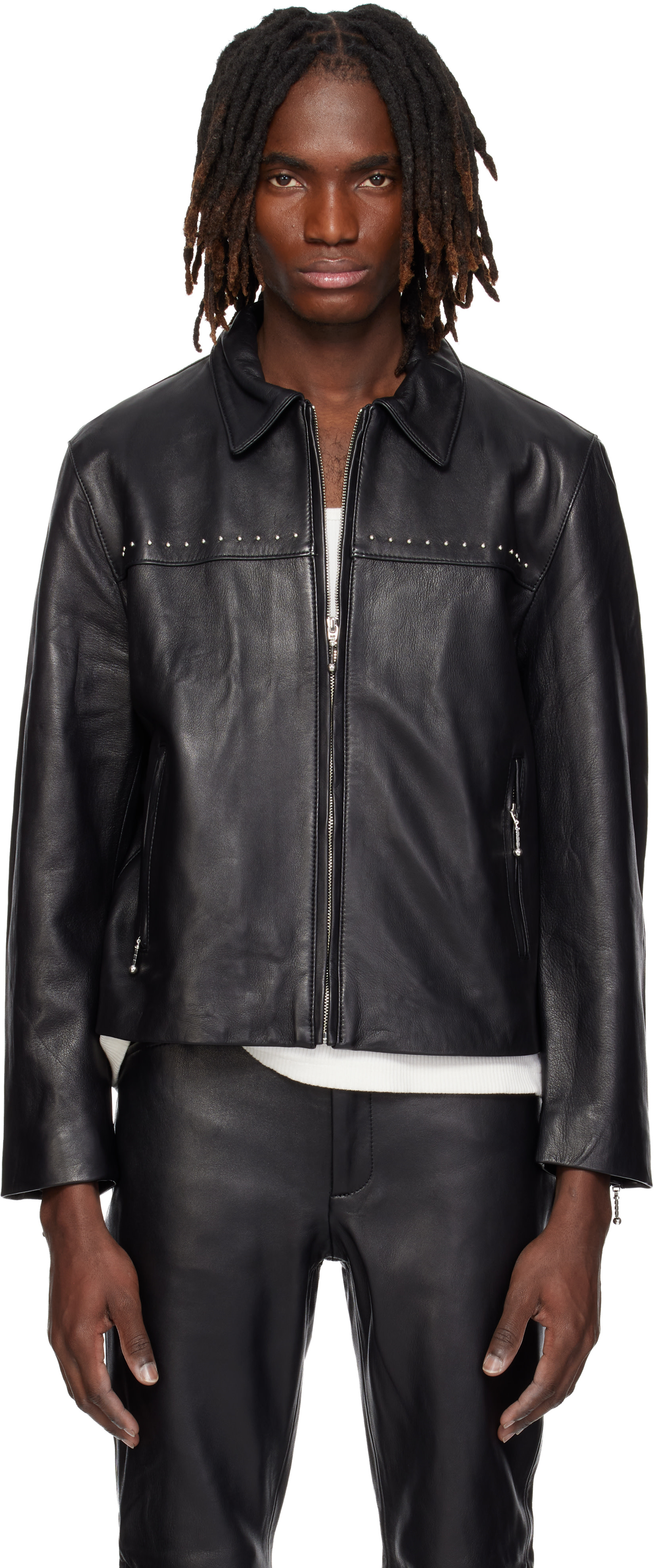 ジャケット・アウター ernest w. baker leather archive L gr Ernest W. Baker: Black Studded Leather Jacket | SSENSE