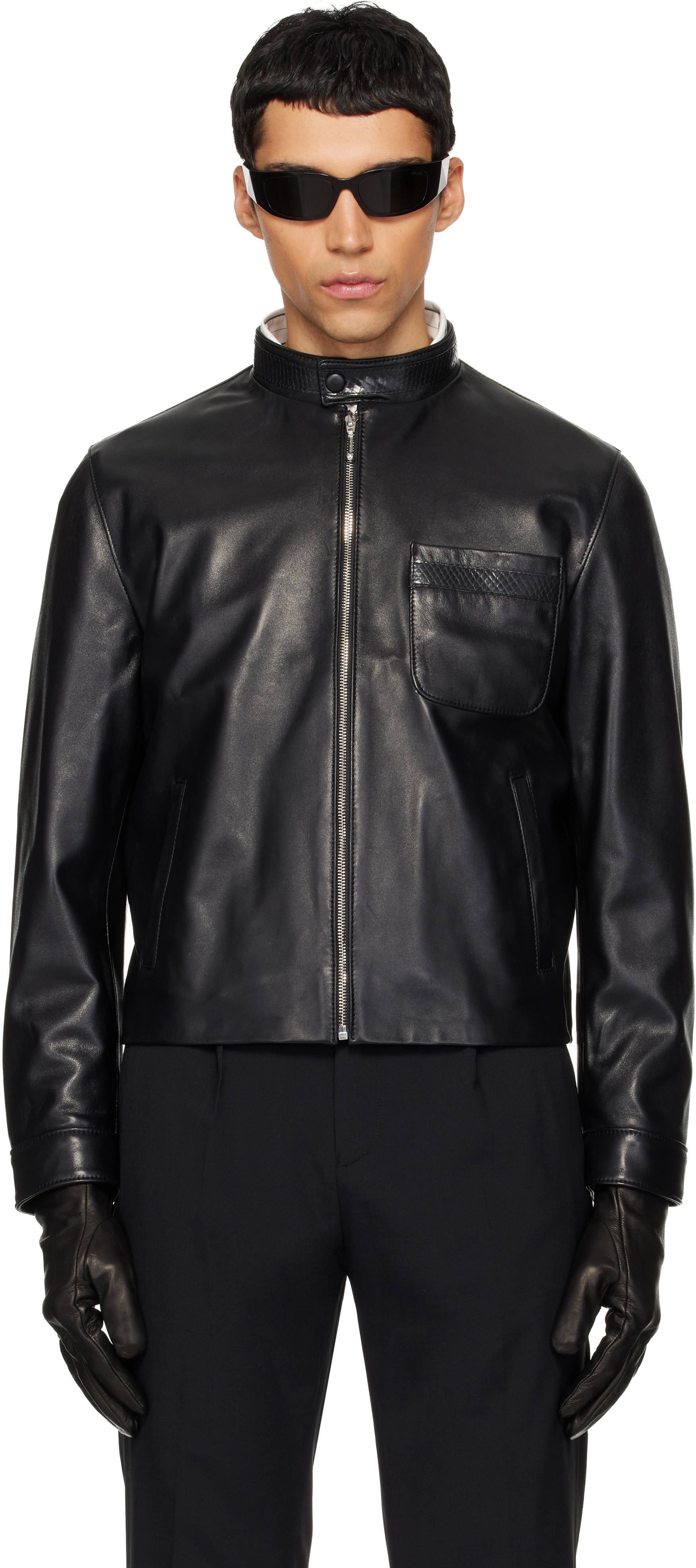 Ernest W. Baker: Black Snake Trim Leather Jacket | SSENSE