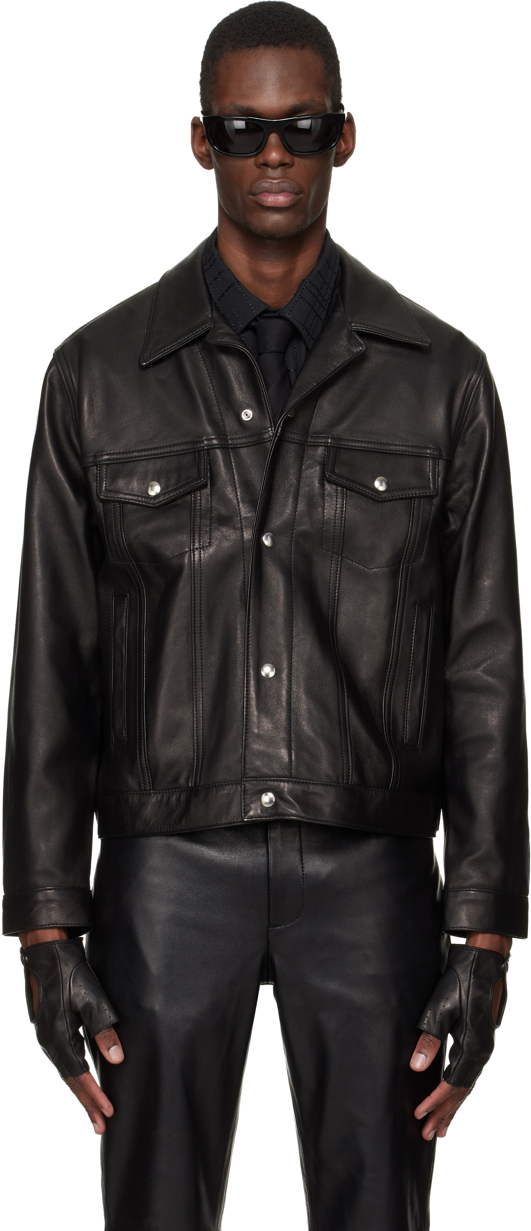 ジャケット・アウター ernest w. baker leather archive L gr Ernest W. Baker: Black Diamond Spread Collar Leather Jacket | SSENSE