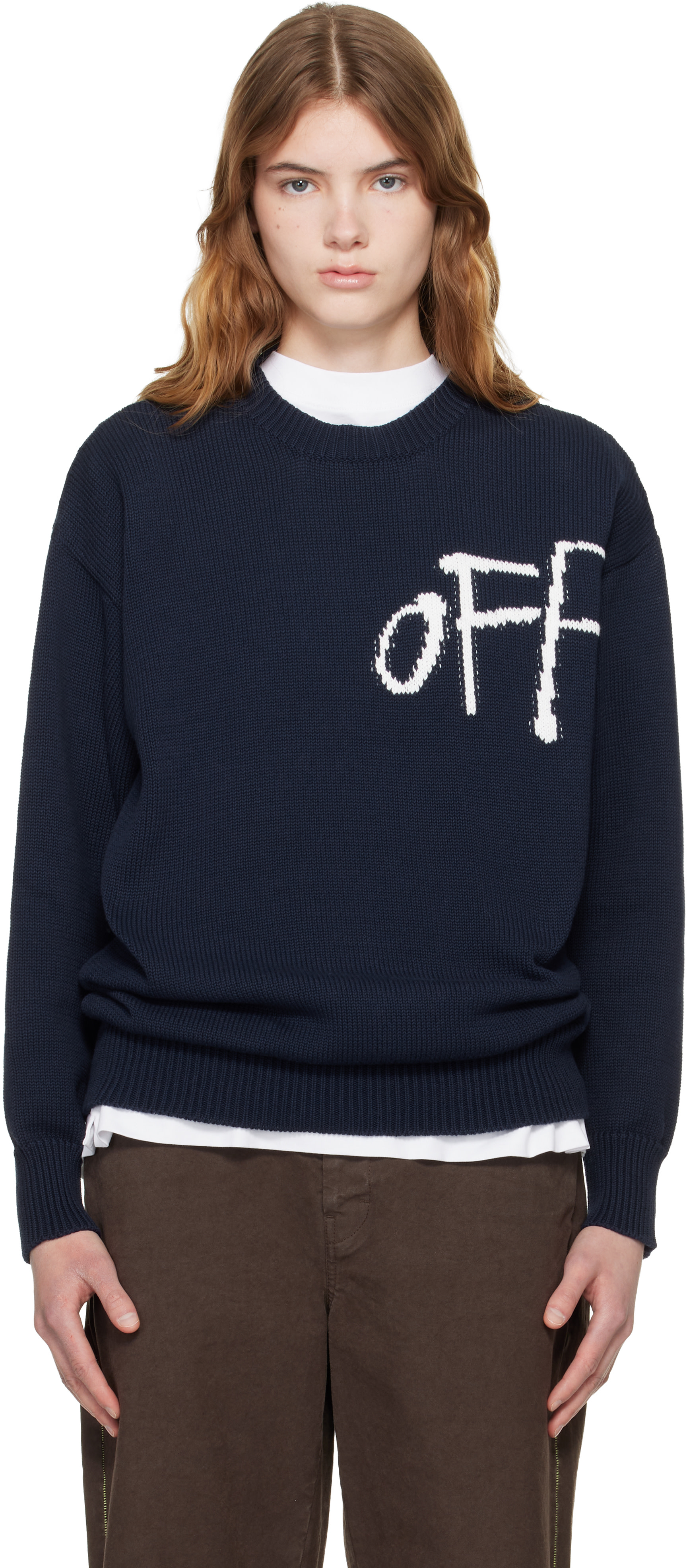Off-White: ネイビー Bookish Shared Cotton Knit Crewneck セーター