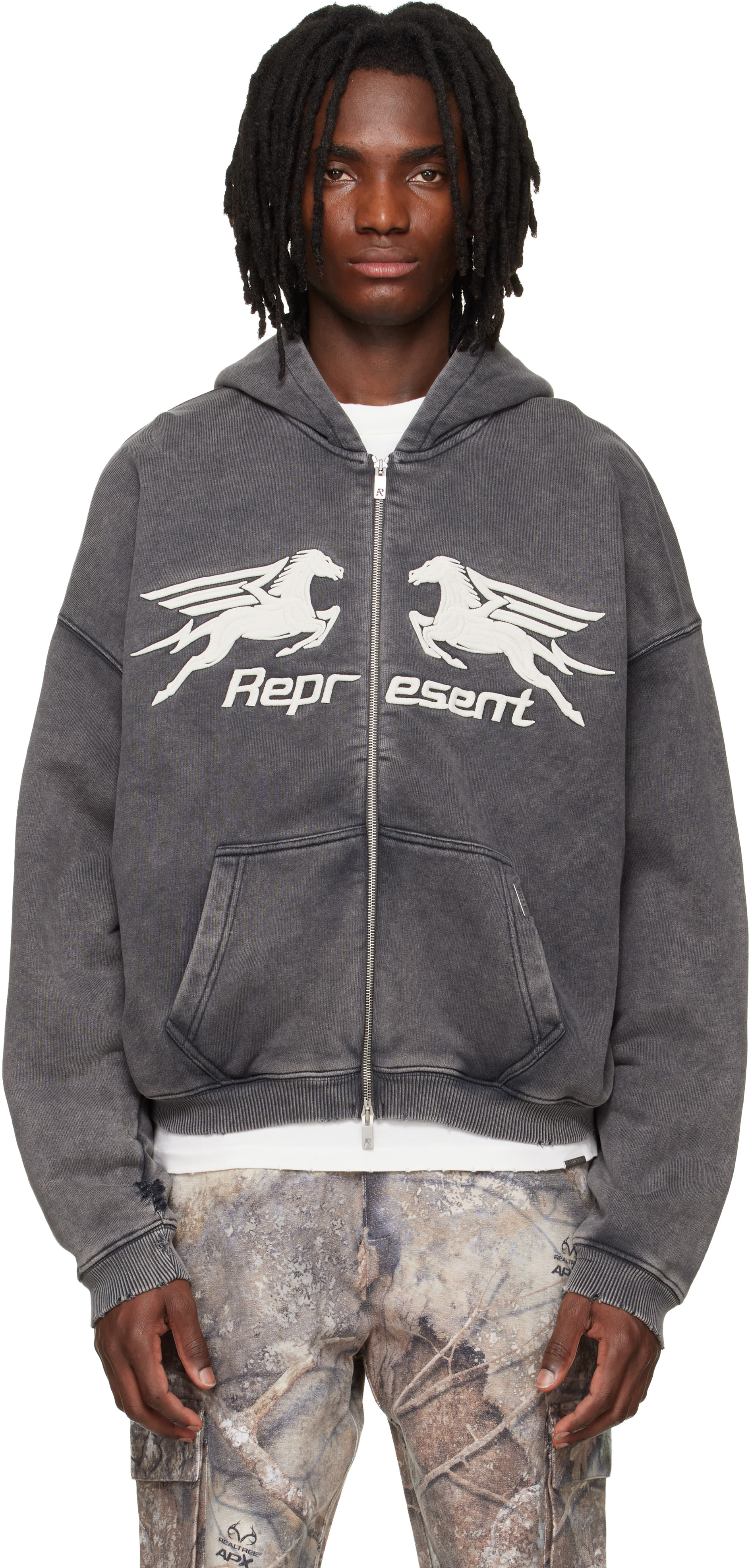 Represent: Gray Pegasus Zip Through Hoodie | SSENSE Canada