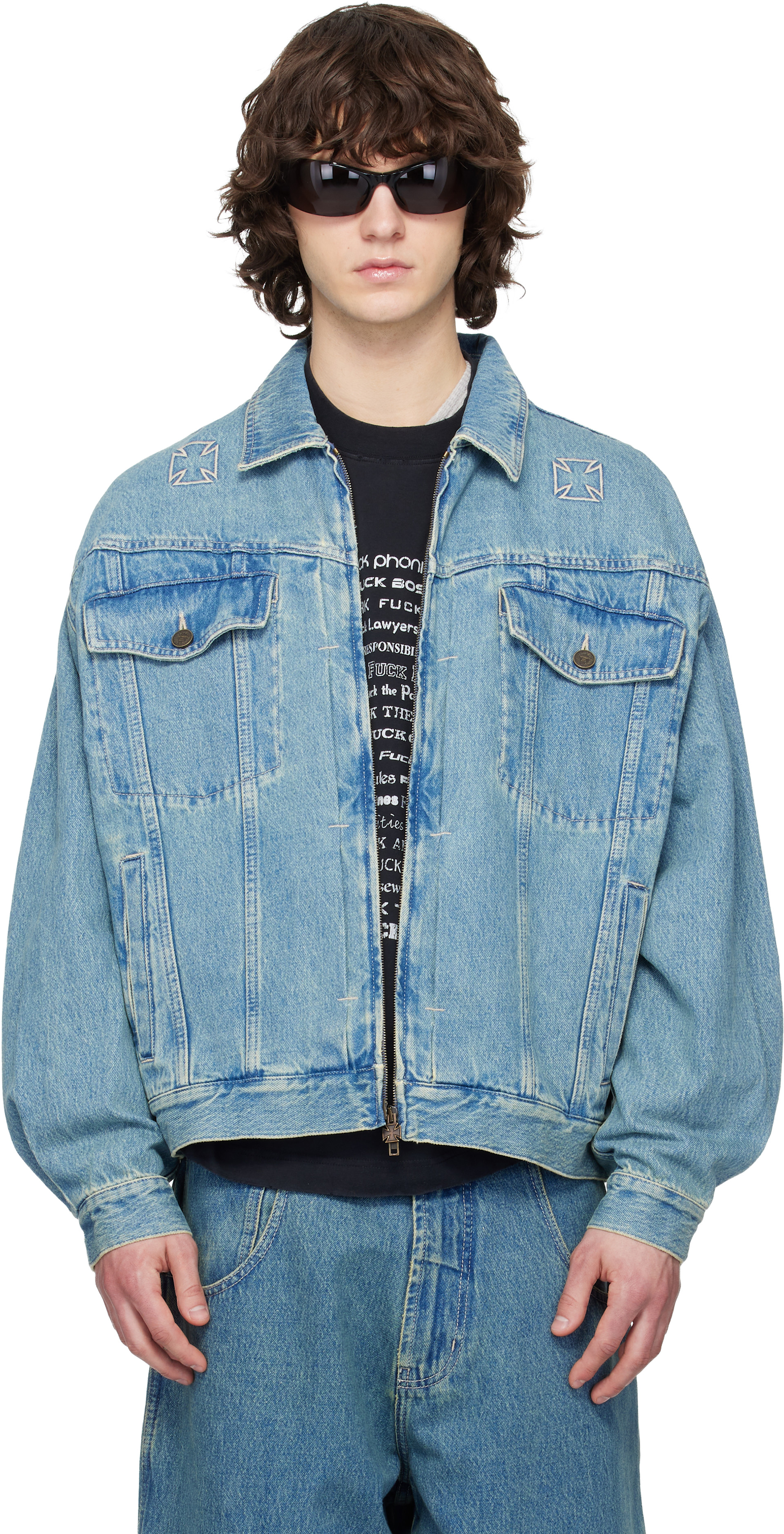 VETEMENTS: Blue Biker Crosses Denim Jacket | SSENSE