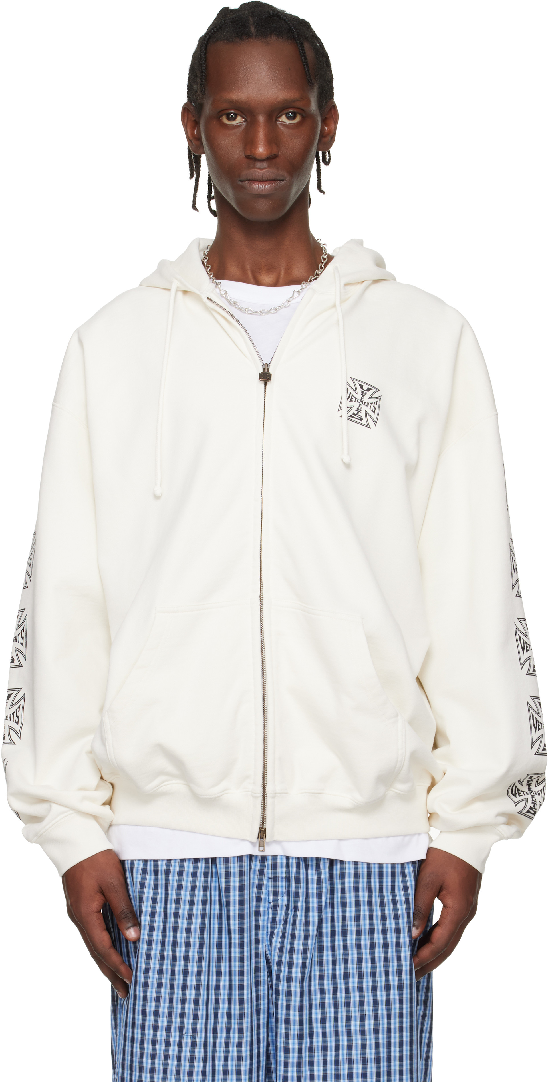 VETEMENTS: オフホワイト Biker Cross Sleeves ジップアップフーディ