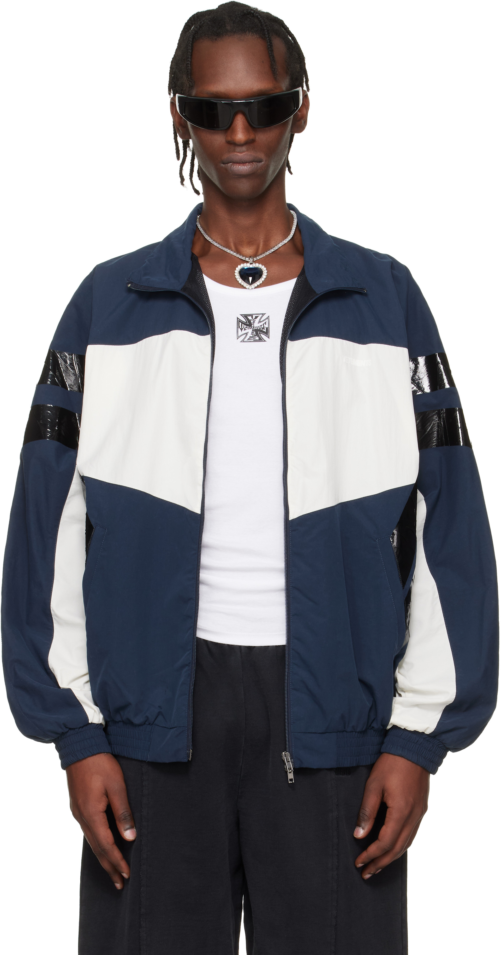 VETEMENTS: Navy & White Taped Track Jacket | SSENSE