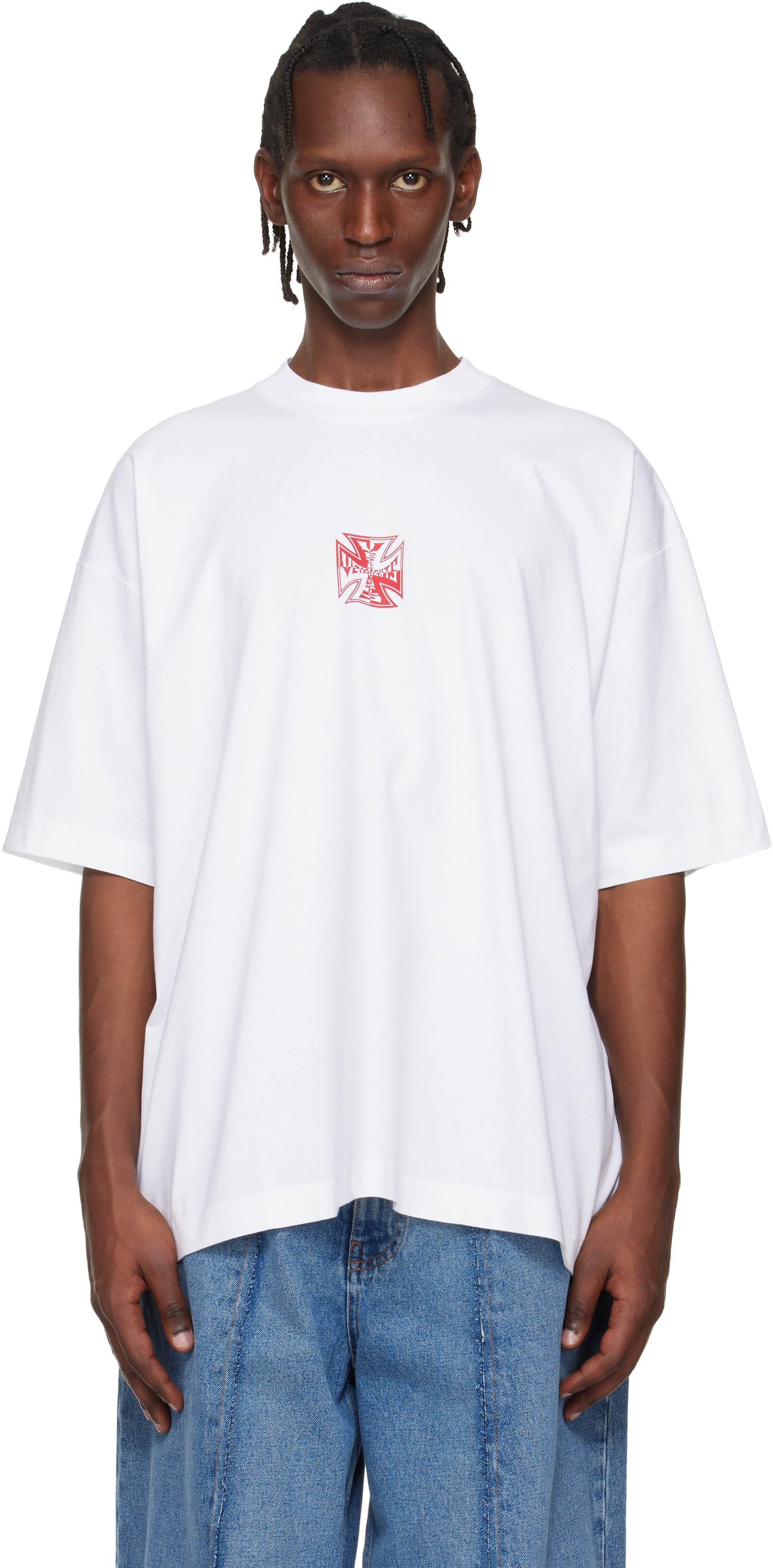 XL)VETEMENTS 白Tシャツ VETEMENTS: White Double Biker Cross Logo T-shirt | SSENSE