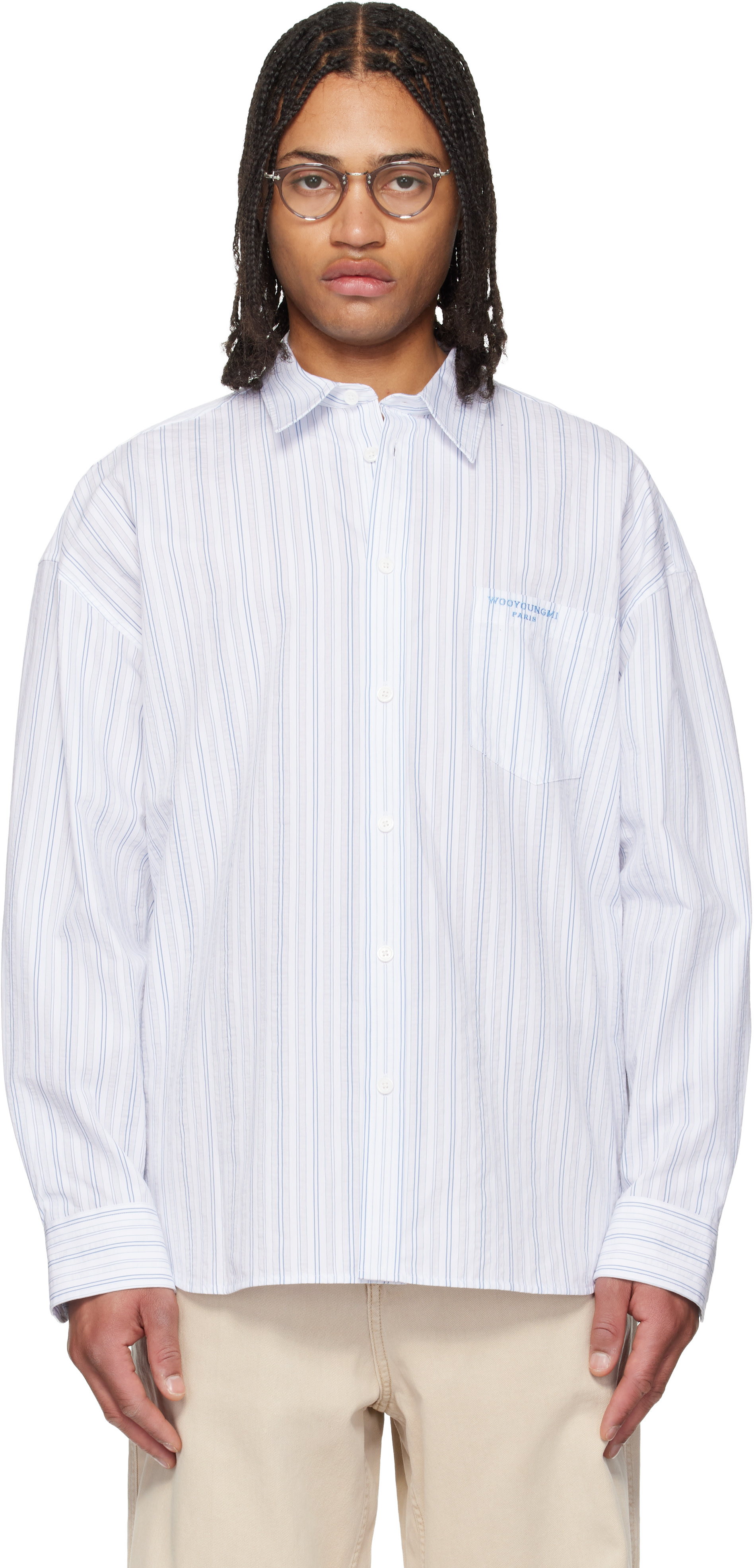 WOOYOUNGMI: Blue Oversized Stripe Shirt | SSENSE