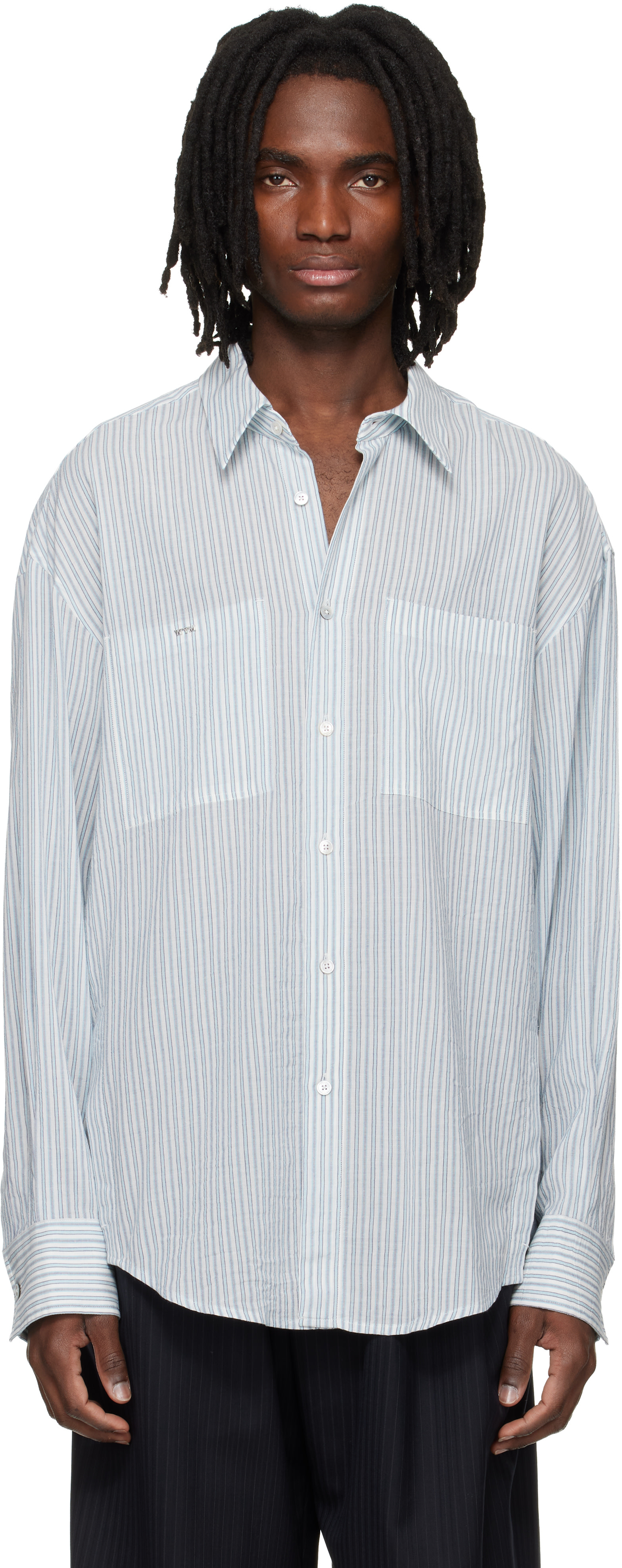 希少 美品 GOODENOUGH BACK LOGO STRIPE SHIRTS WOOYOUNGMI: Blue Stripe Back Logo Shirt | SSENSE
