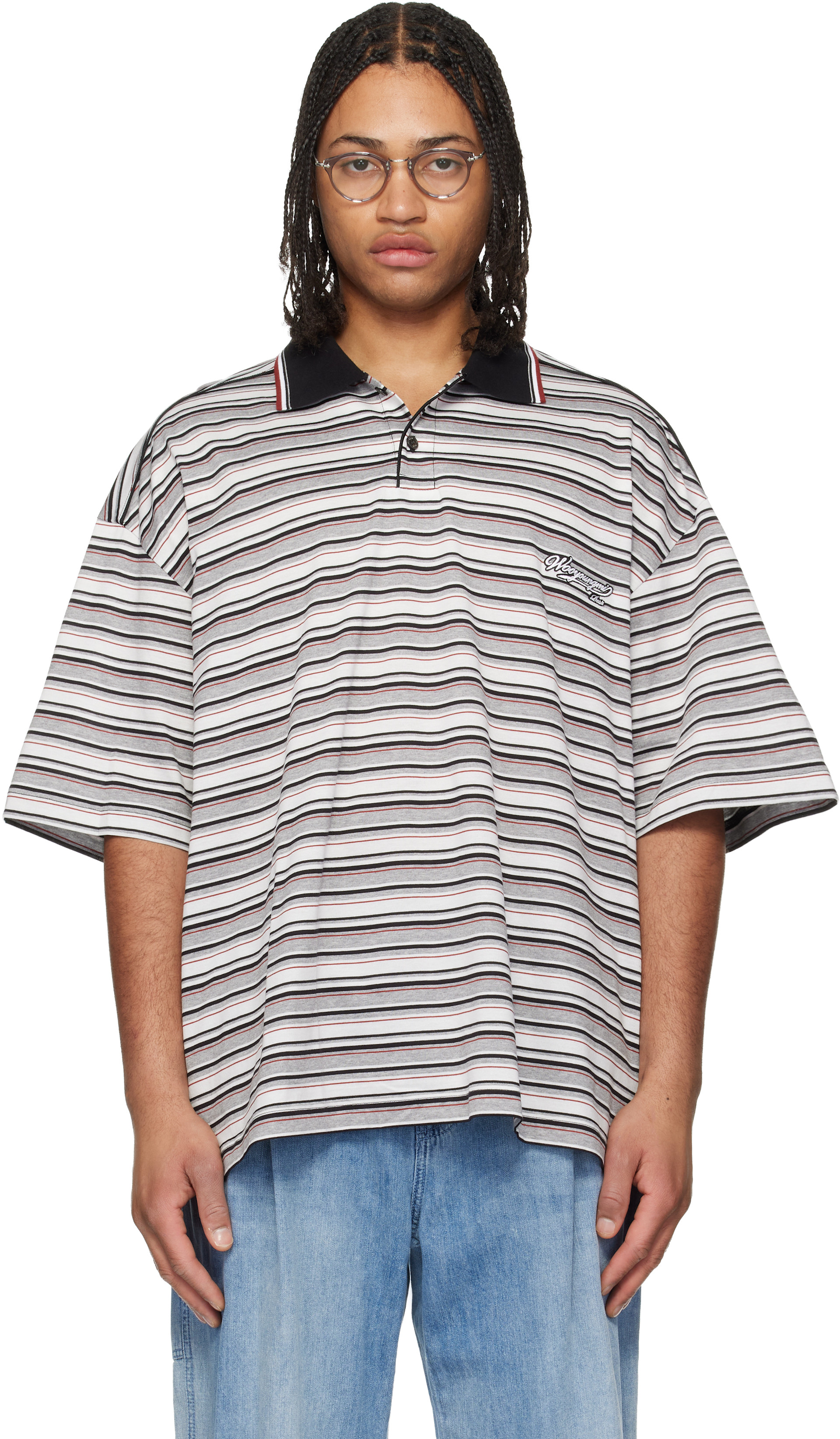 WOOYOUNGMI: Gray & White Striped Polo | SSENSE