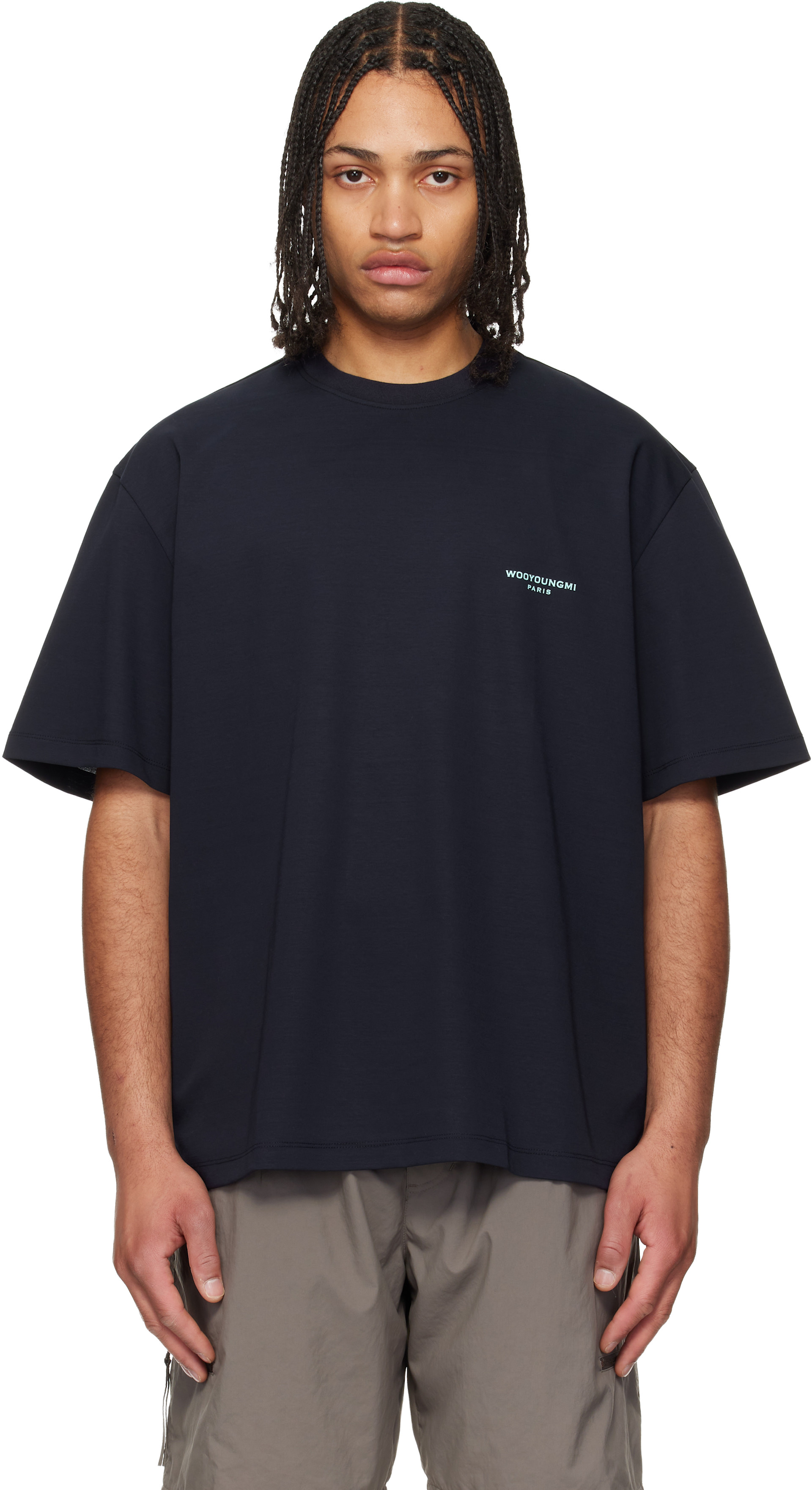 WOOYOUNGMI: Navy Tuft Embroidered Back Logo T-shirt | SSENSE