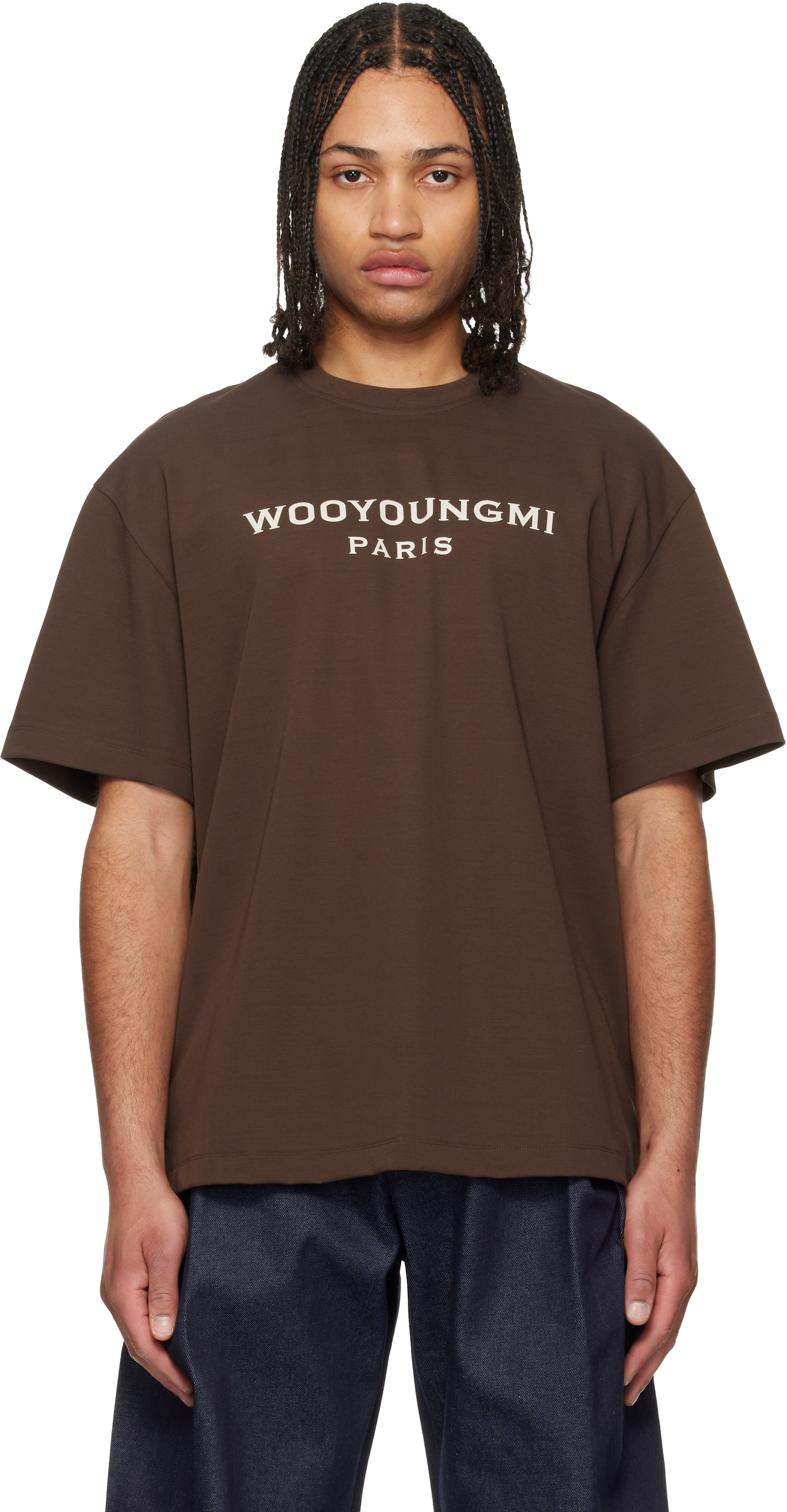 WOOYOUNGMI: Brown Printed Logo T-shirt | SSENSE