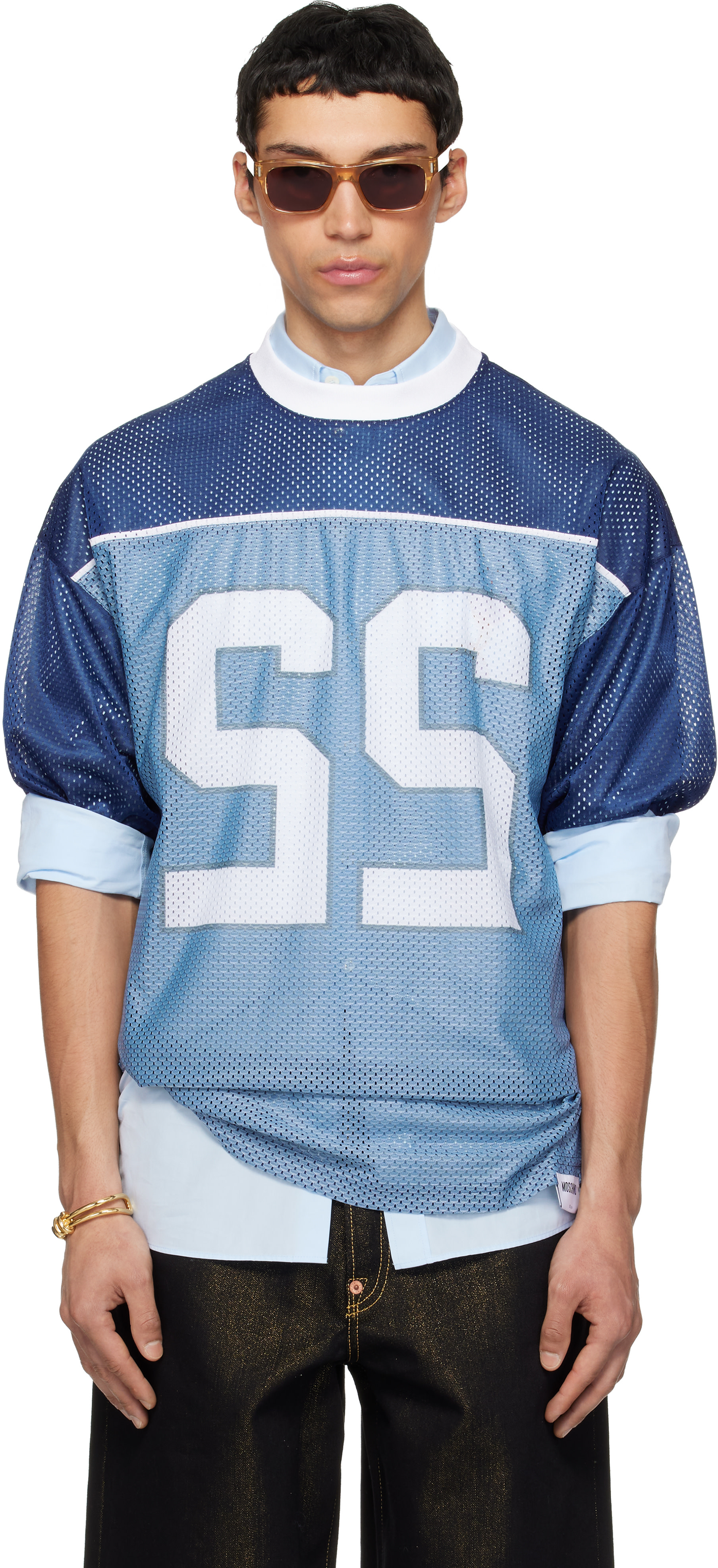 Moschino: Blue Technical Mesh Jersey | SSENSE Canada