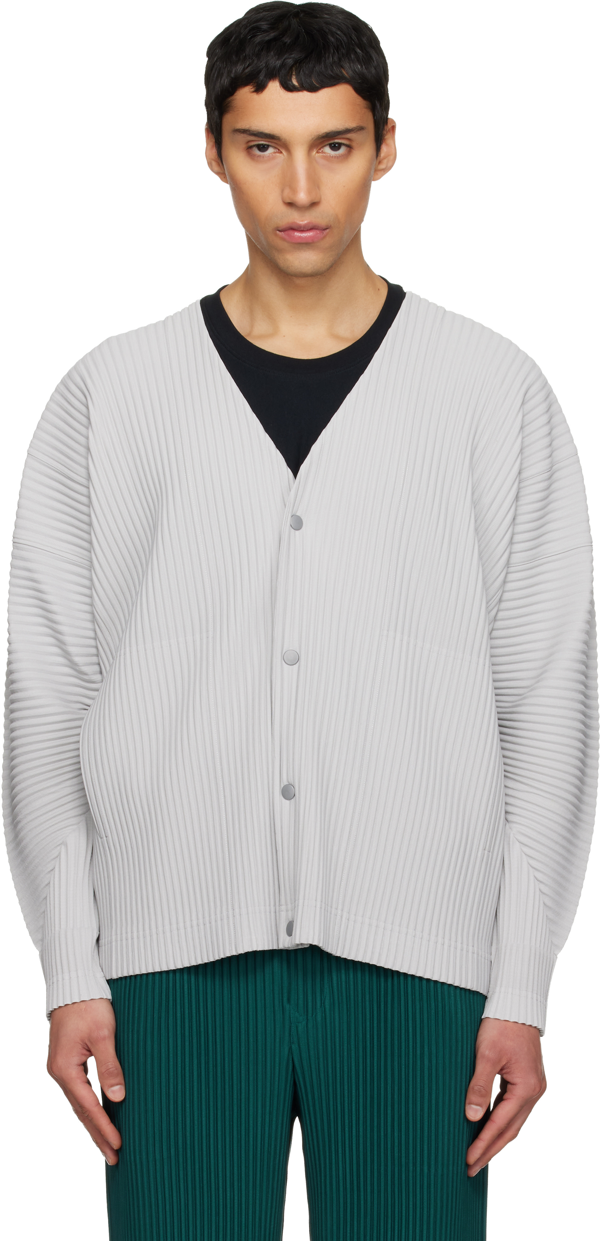 HOMME PLISSÉ カーディガン　グレー HOMME PLISSÉ ISSEY MIYAKE: Gray Color Pleats 1 Cardigan | SSENSE