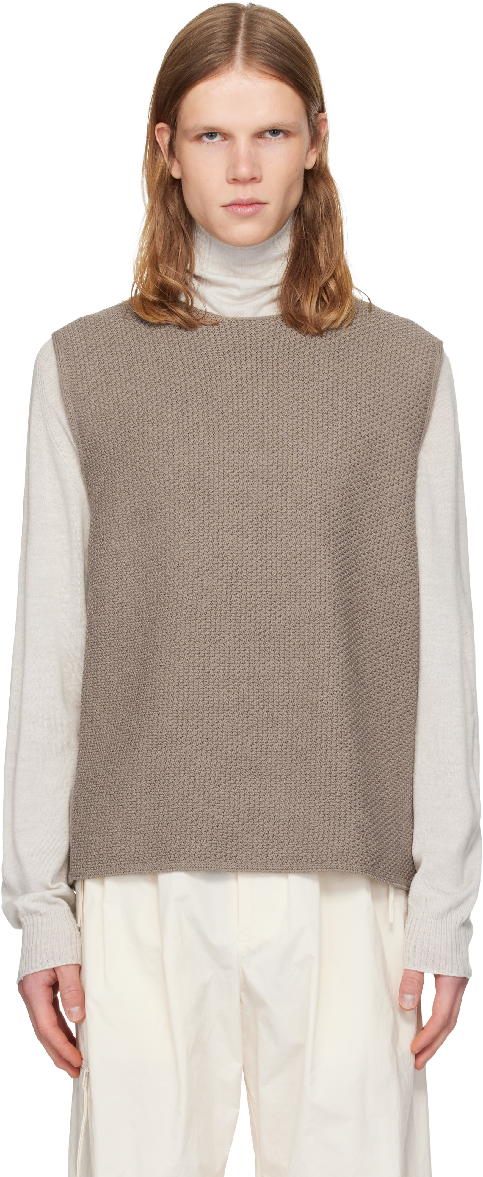 HOMME PLISSE ISSEY MIYAKE ノースリーブニットベスト HOMME PLISSÉ ISSEY MIYAKE: Taupe Rustic Knit Vest | SSENSE