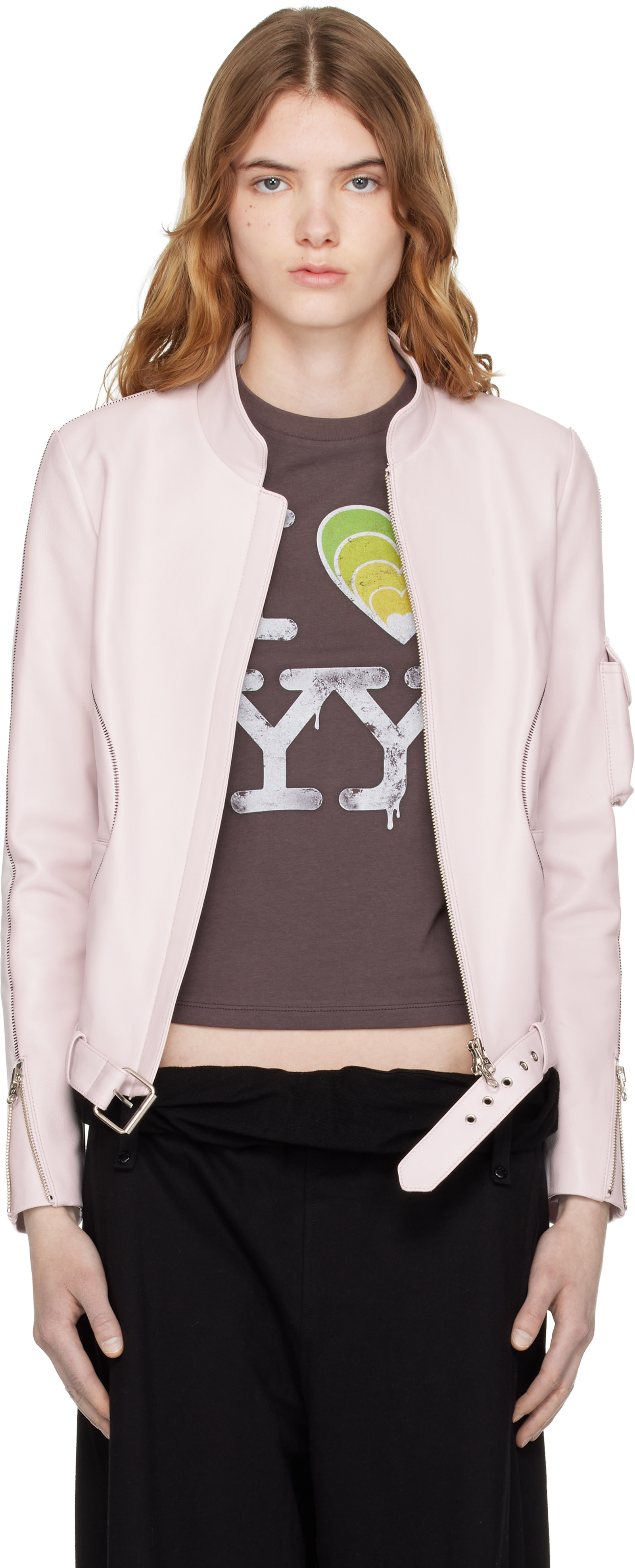 OPEN YY: Pink Leather Radius Motor Jacket | SSENSE