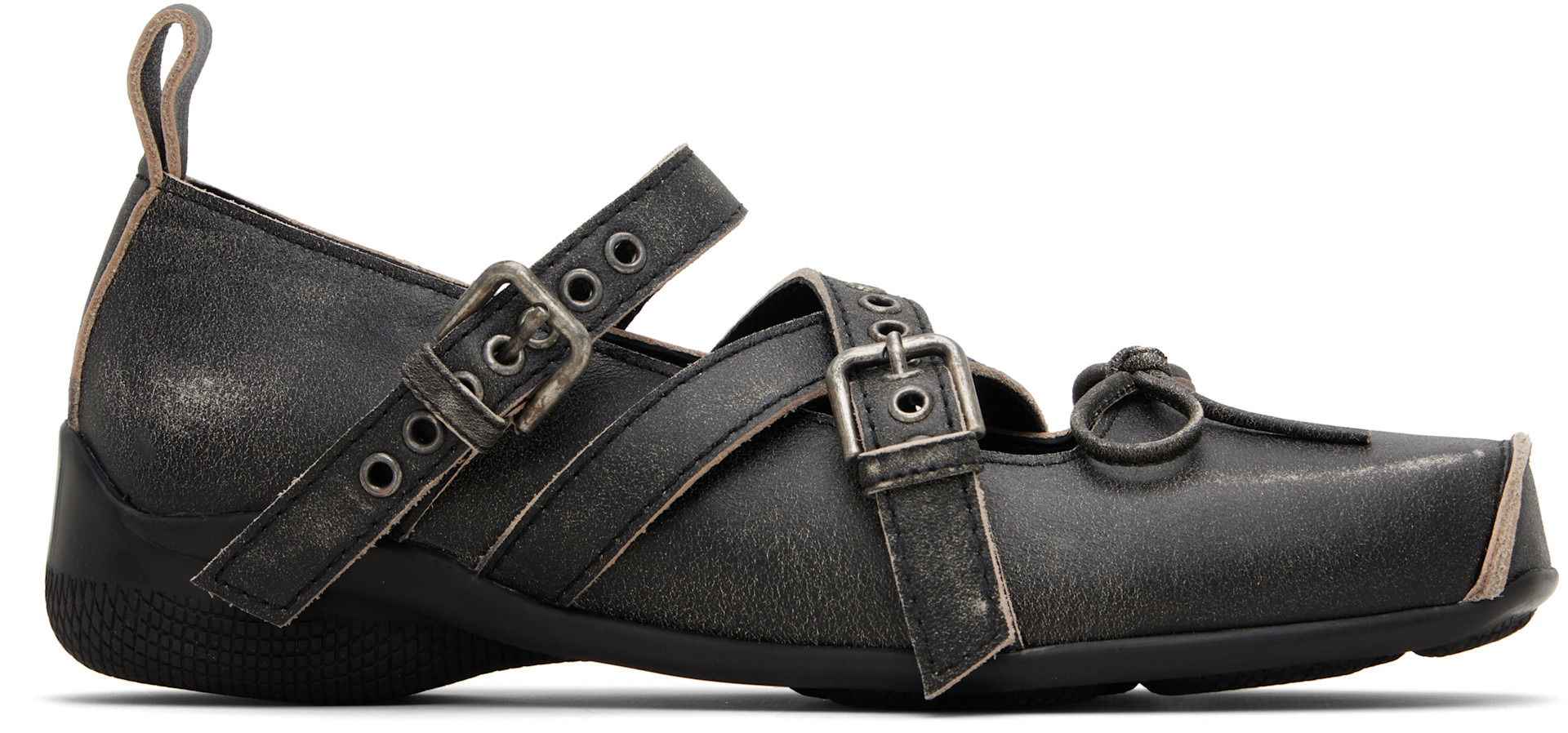 OPEN YY Cross Buckle フラット バレエ シューズ ガンメタ OPEN YY: Gray Cross Buckle Ballet Flats | SSENSE