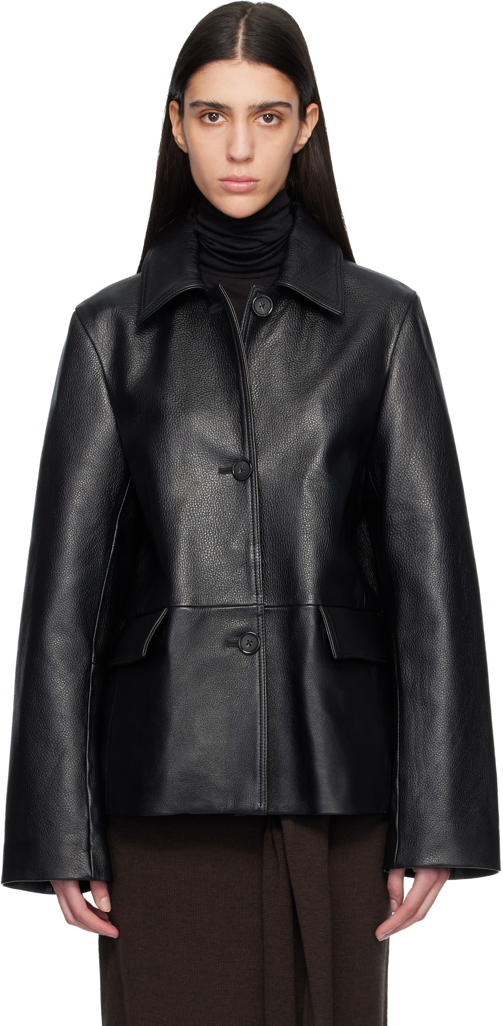 toteme ブラックレザージャケット TOTEME: Black Grained Leather Jacket | SSENSE