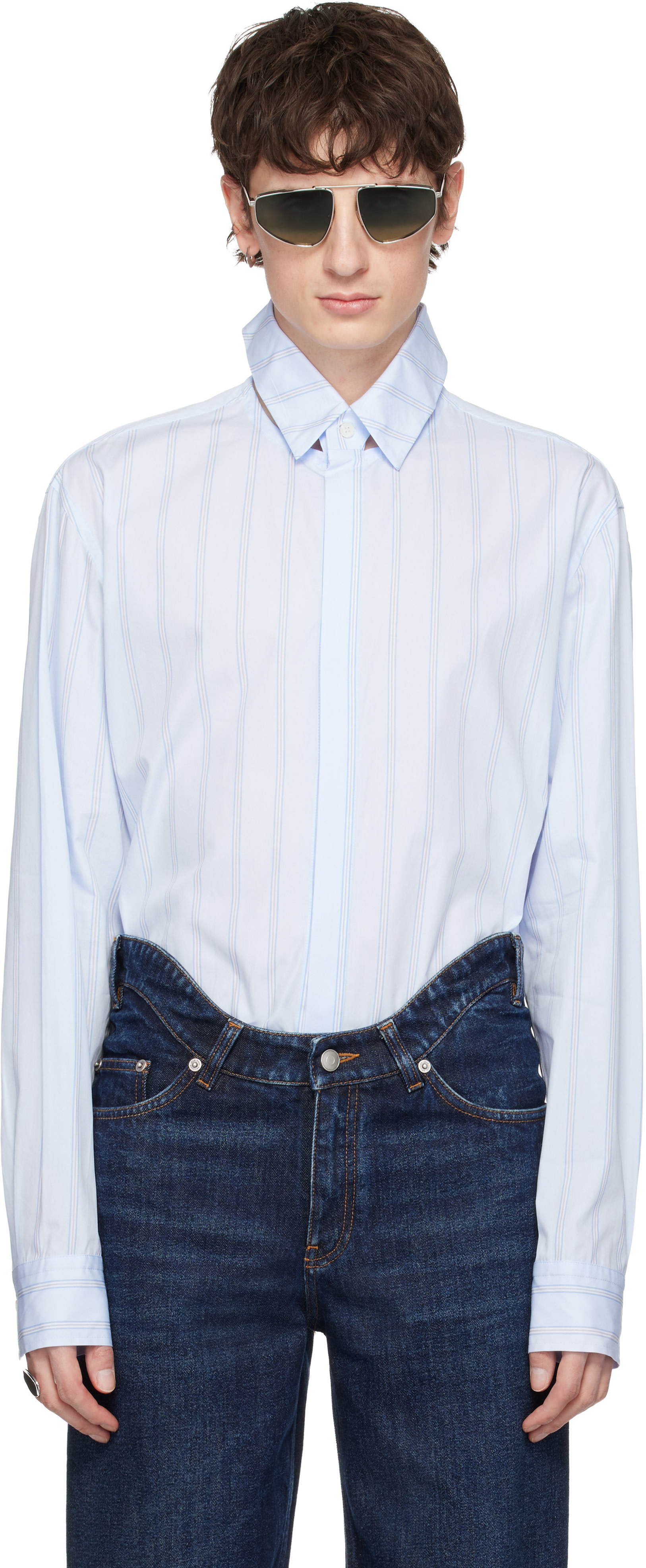 Jean Paul GAULTIER 襟サテン切替 デザインシャツ Jean Paul Gaultier: Blue Pinstriped Floating Collar Shirt | SSENSE