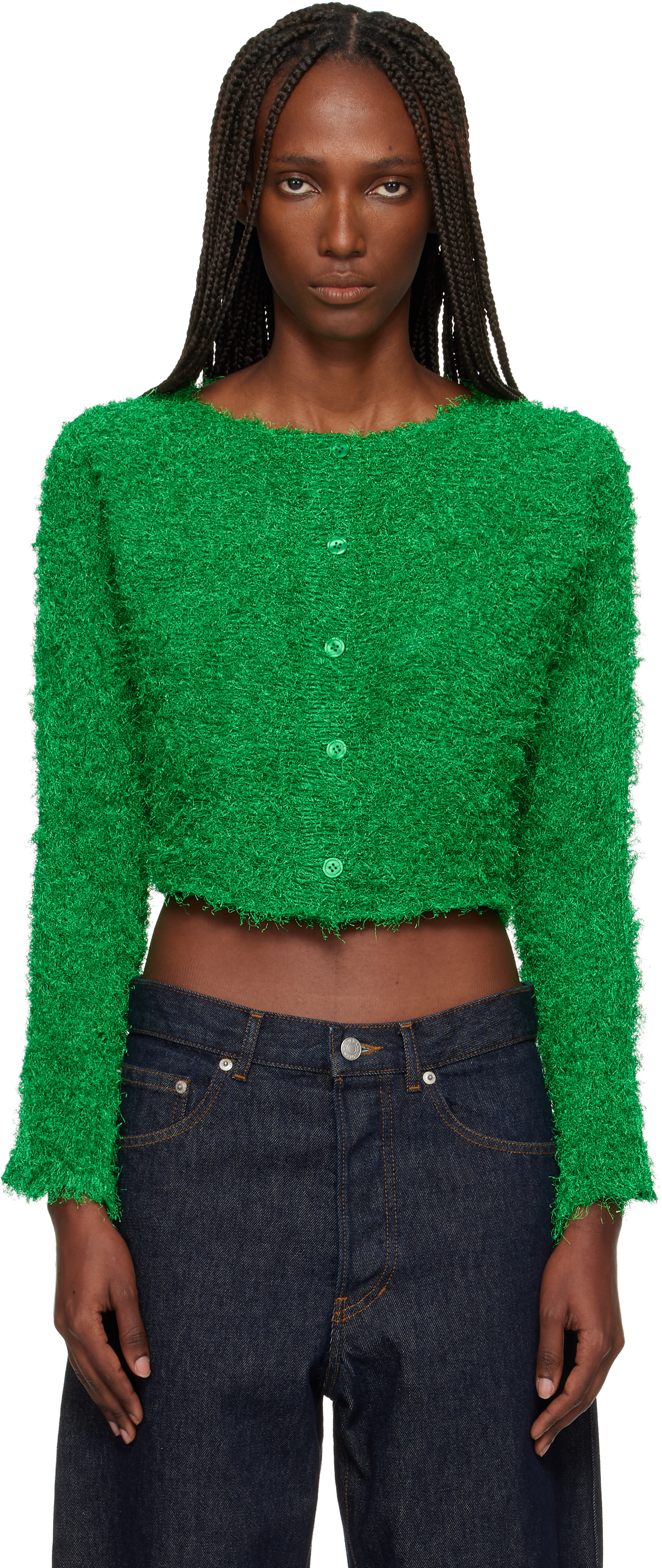ISSEY MIYAKE: Green Shifted Fuzzy Pleats Cardigan | SSENSE Taiwan
