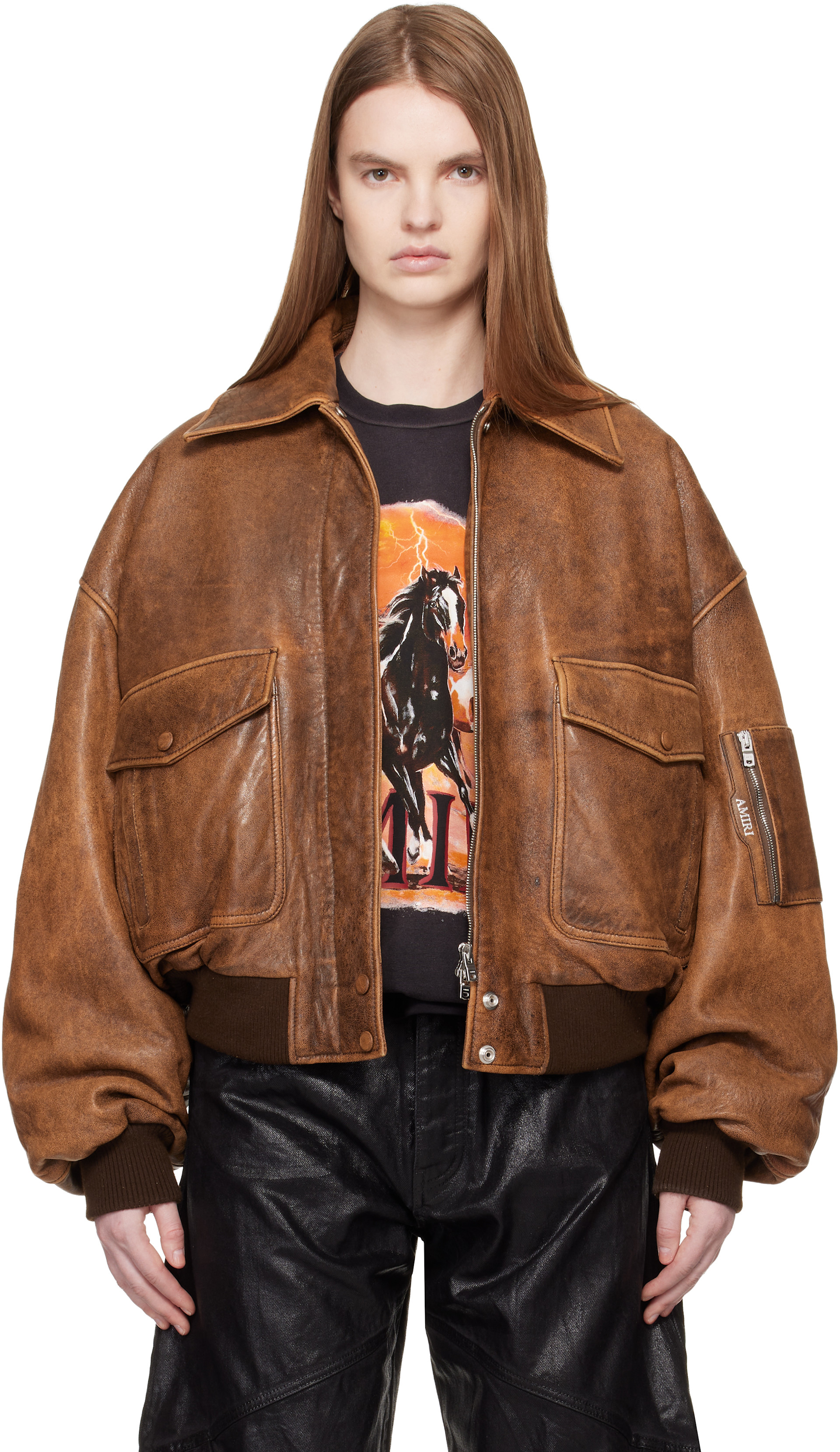 AMIRI: Tan Faded Leather Bomber Jacket | SSENSE