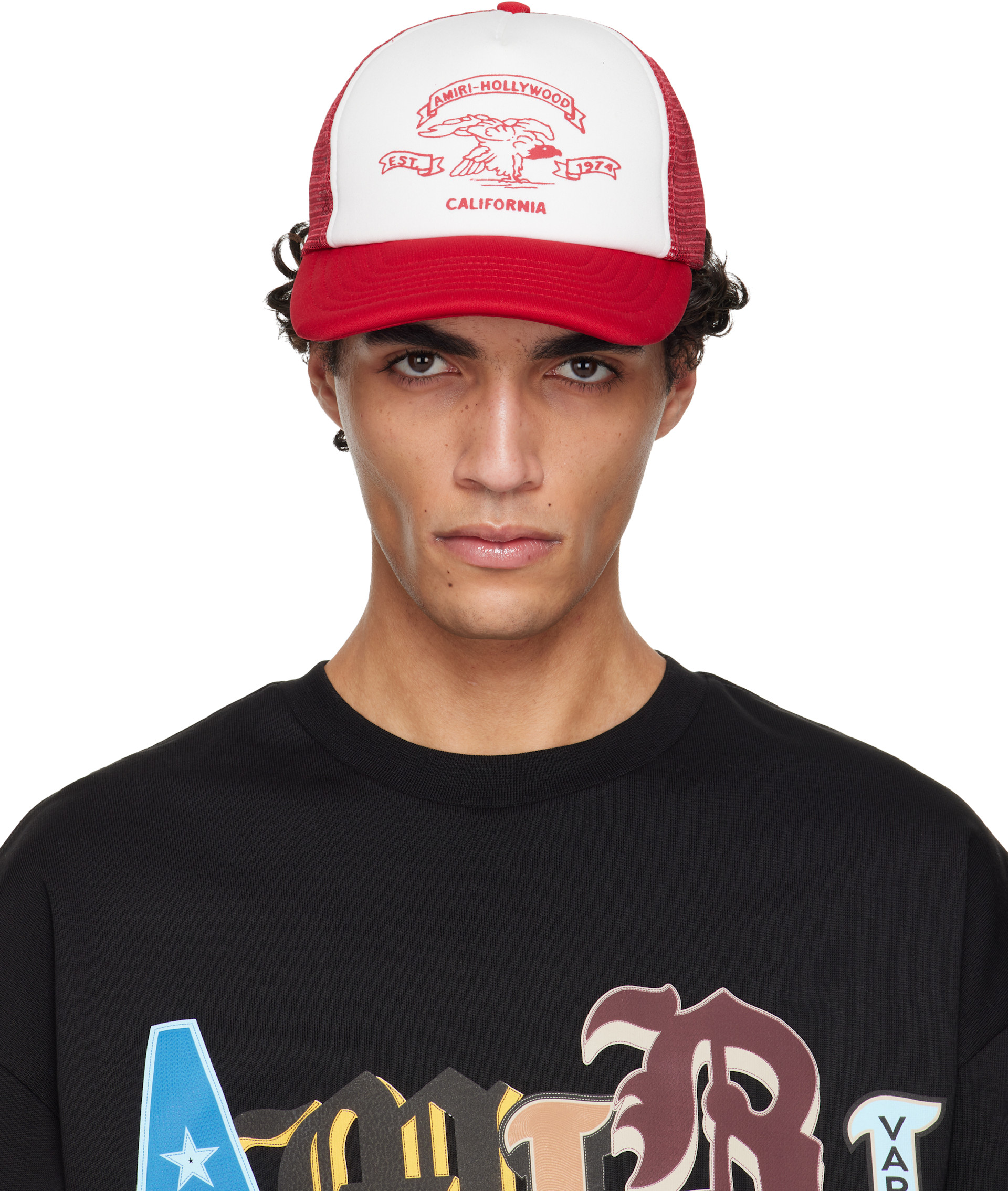 AMIRI: Red & White 'AMIRI' Eagle Trucker Cap | SSENSE