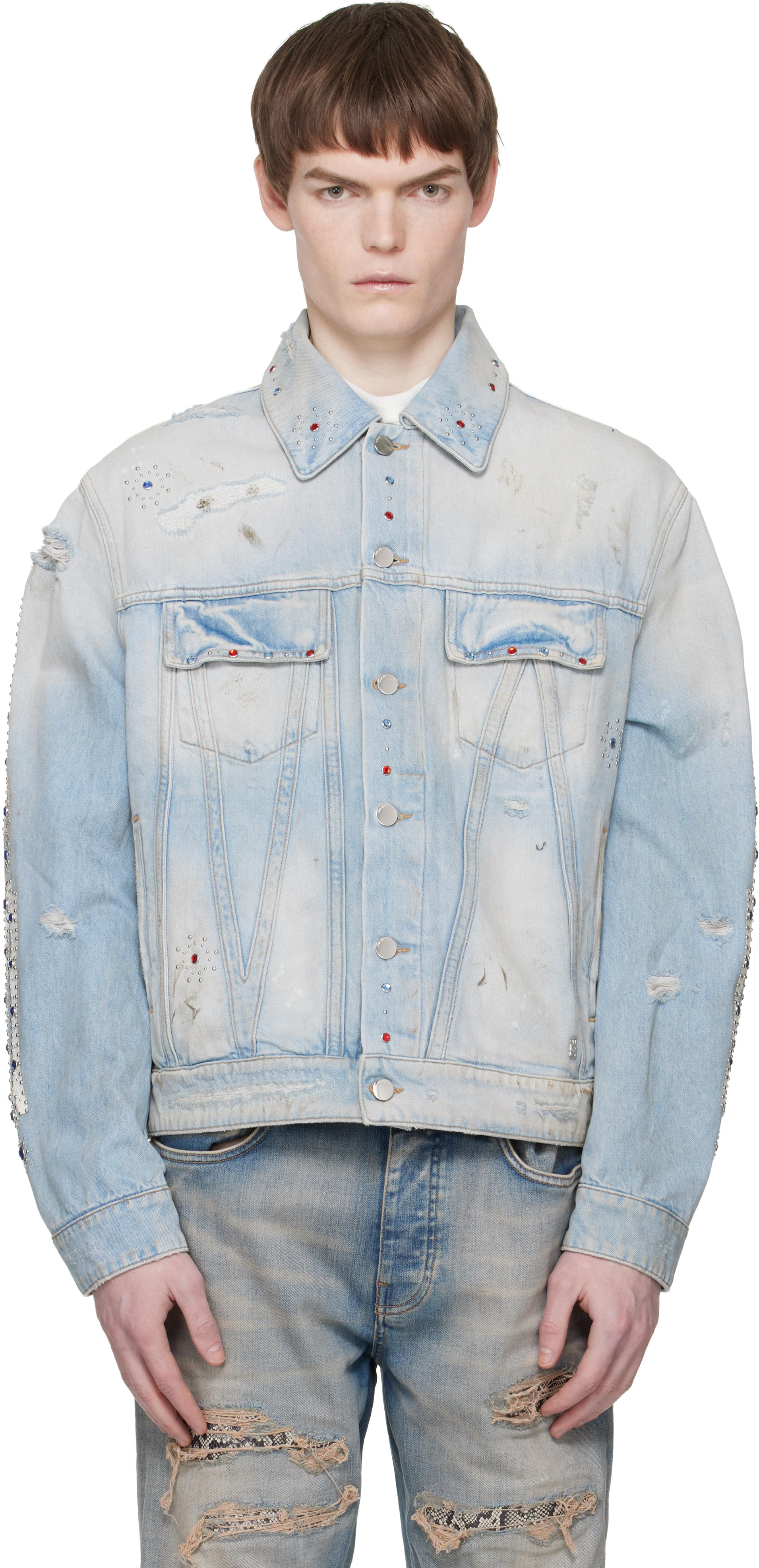 AMIRI: Blue Bones Studded Denim Trucker Jacket | SSENSE