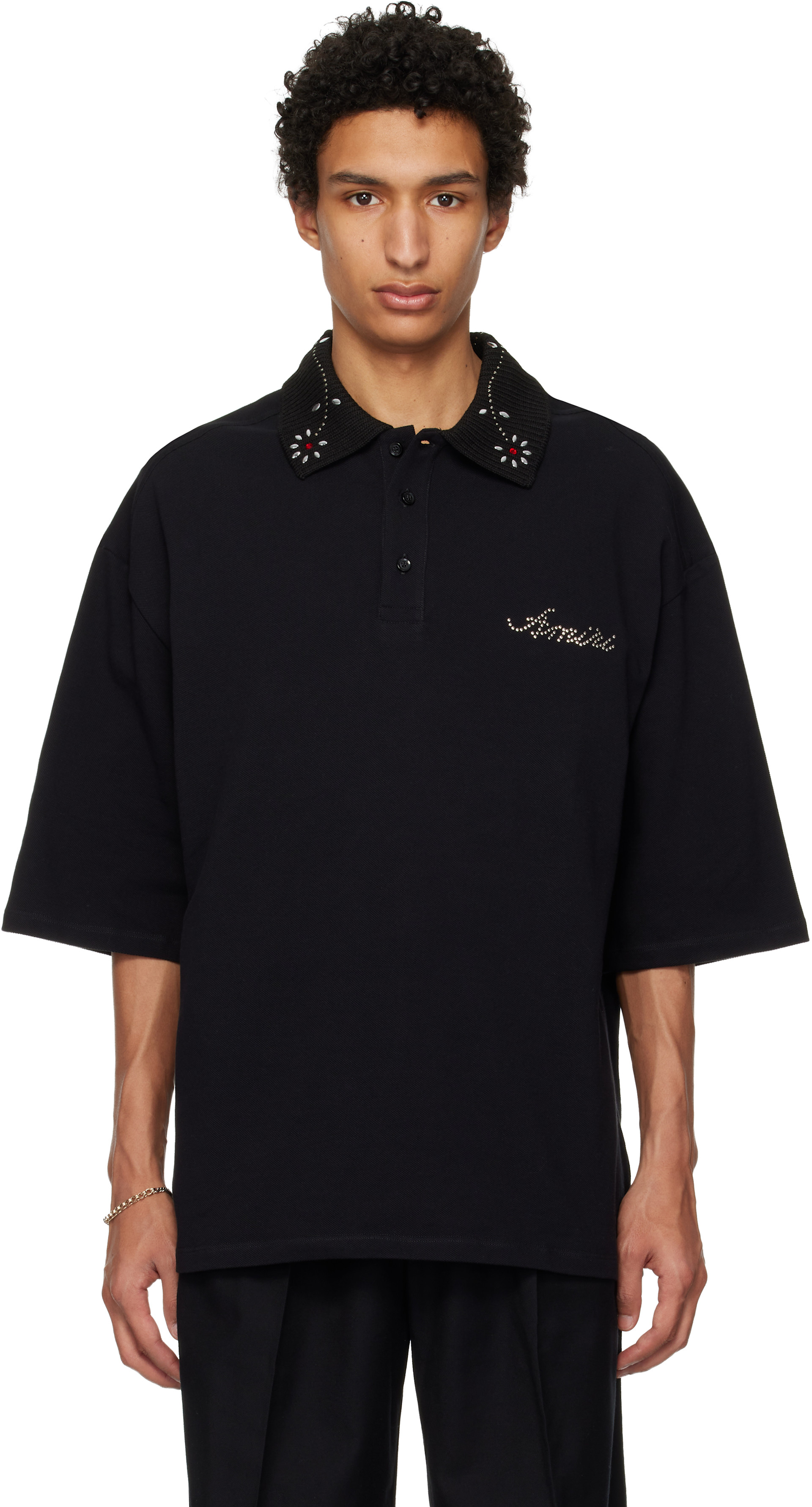 AMIRI: ブラック Stud Collar オーバーサイズ ポロシャツ | SSENSE 日本