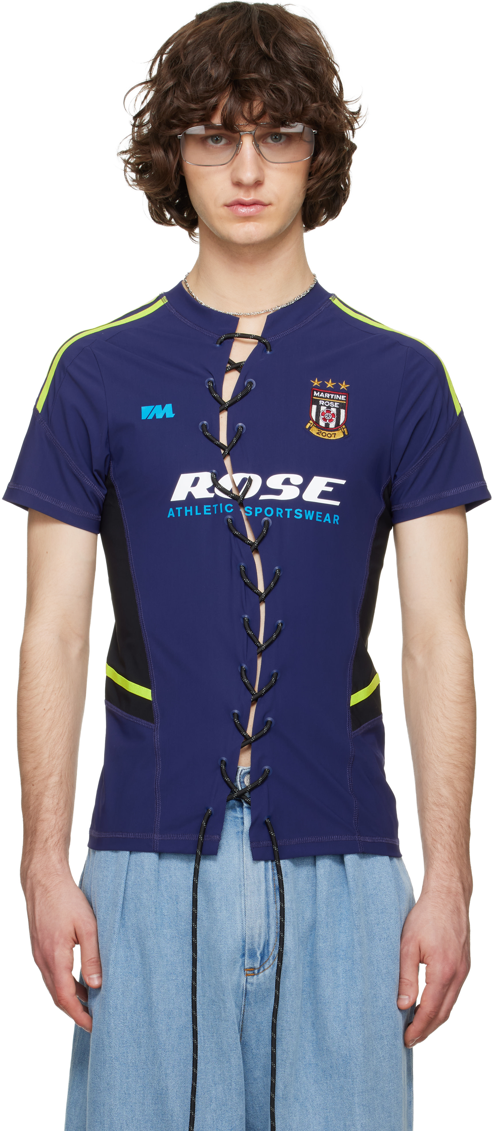 Martine Rose: Navy Lace-Up T-shirt | SSENSE Canada