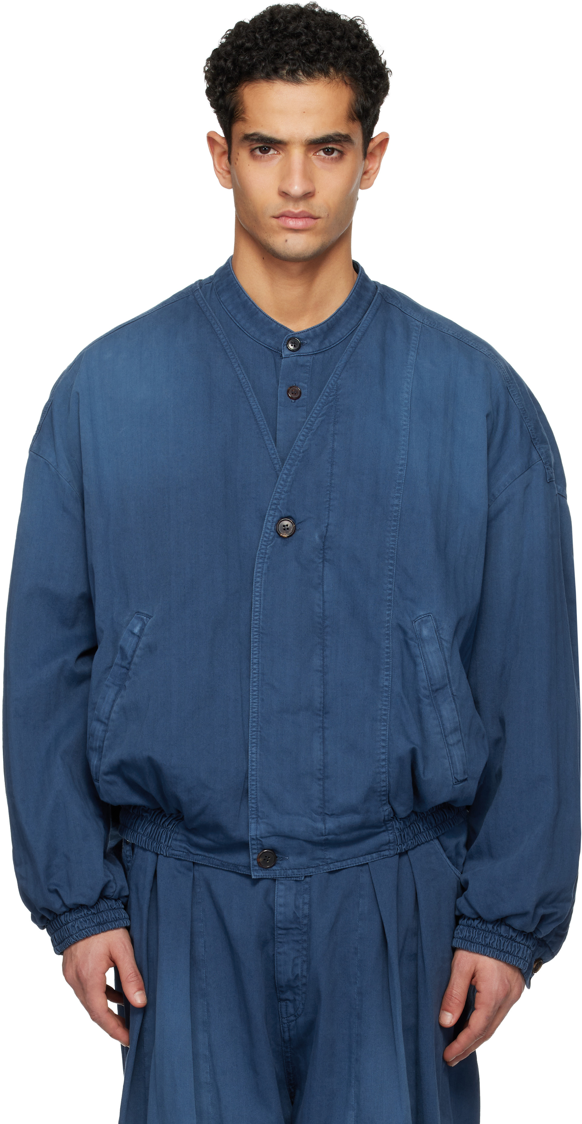 Hed Mayner: Blue Herringbone Denim Bomber Jacket | SSENSE