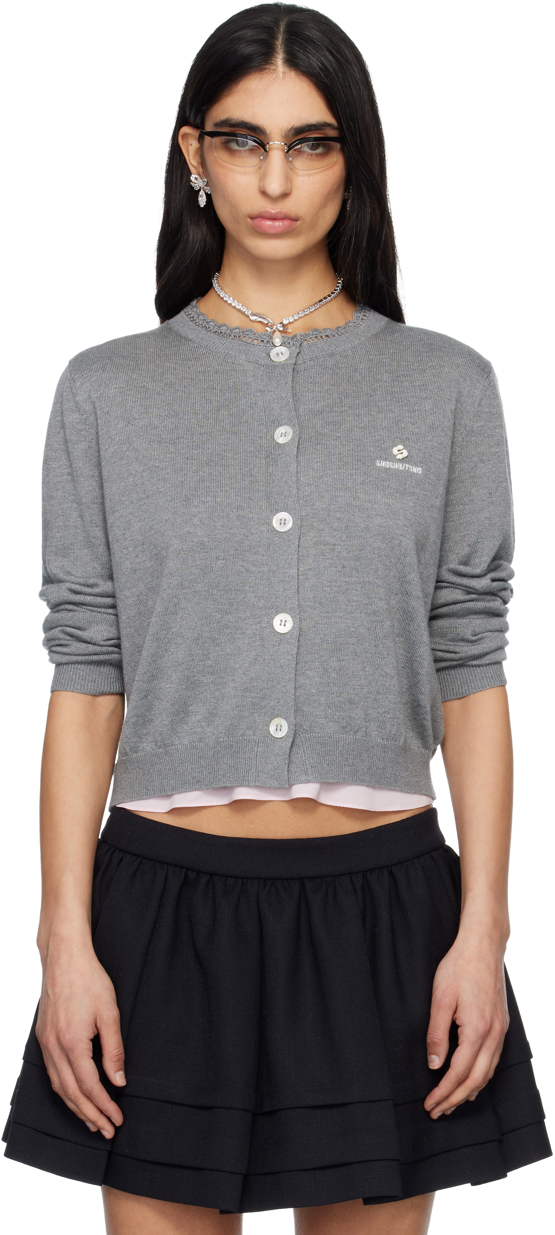 SHUSHU/TONG: Gray Logo-Stitch Knit Cardigan | SSENSE