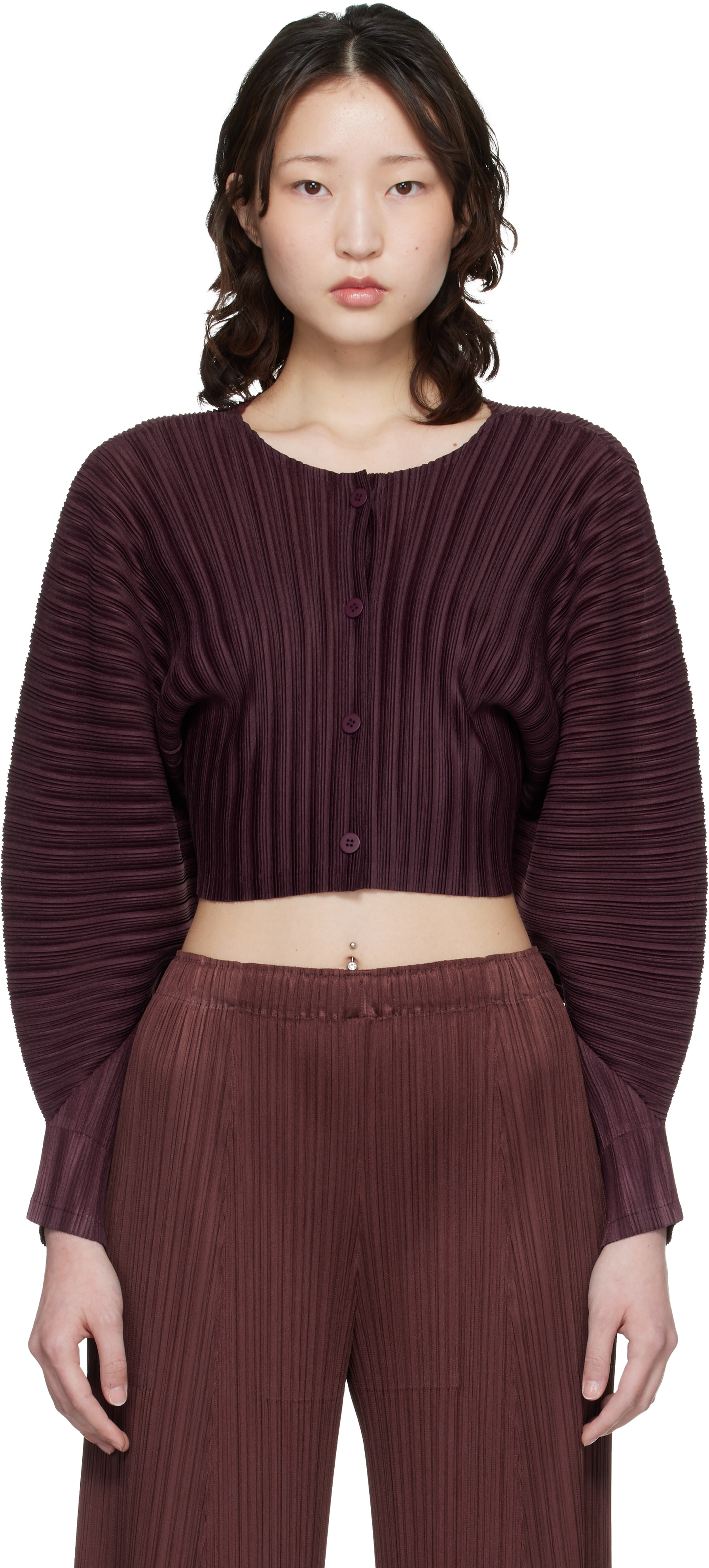 PLEATS PLEASE ISSEY MIYAKE: Burgundy Rib Pleats January Cardigan