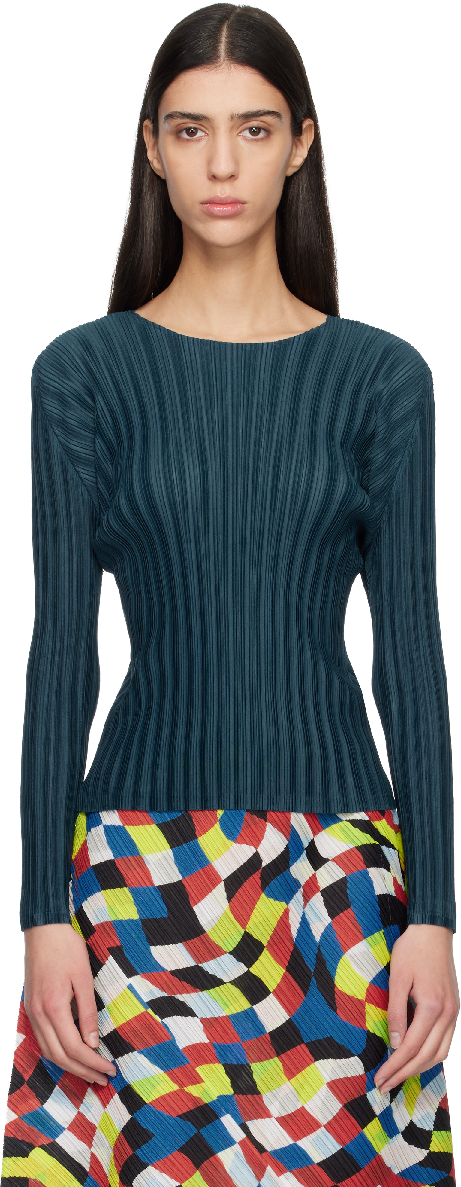 最終値下げ〜【希少柄 極美品】PLEATS PLEASE トップス　カットソー PLEATS PLEASE ISSEY MIYAKE: Navy Rib Pleats November Top | SSENSE