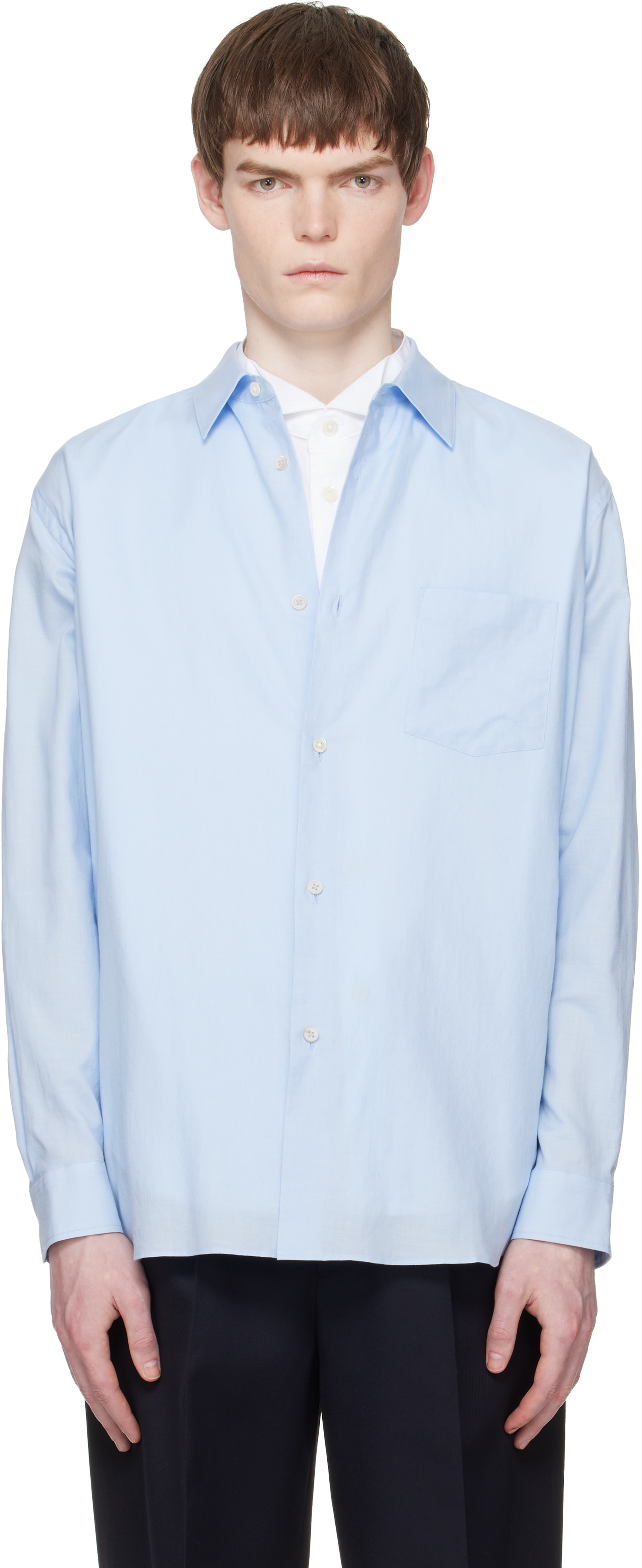 ssstein: Blue Cotton Silk Oversized Regular Collar Shirt | SSENSE