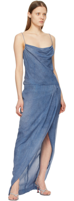 Balmain - Blue Silk Denim Print Strap Dress