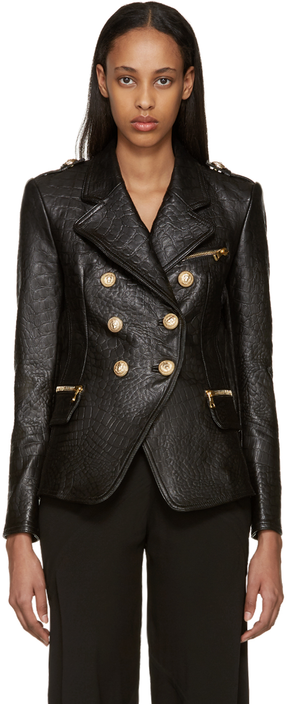 Balmain: Black Croc-Embossed Leather Jacket | SSENSE