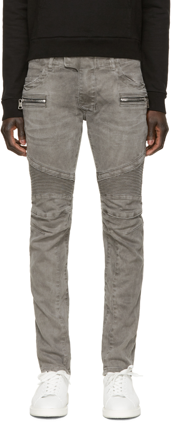 Balmain: Grey Zip Biker Jeans | SSENSE