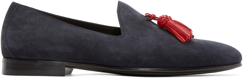 Burberry Prorsum: Navy Suede Tassel Loafers | SSENSE