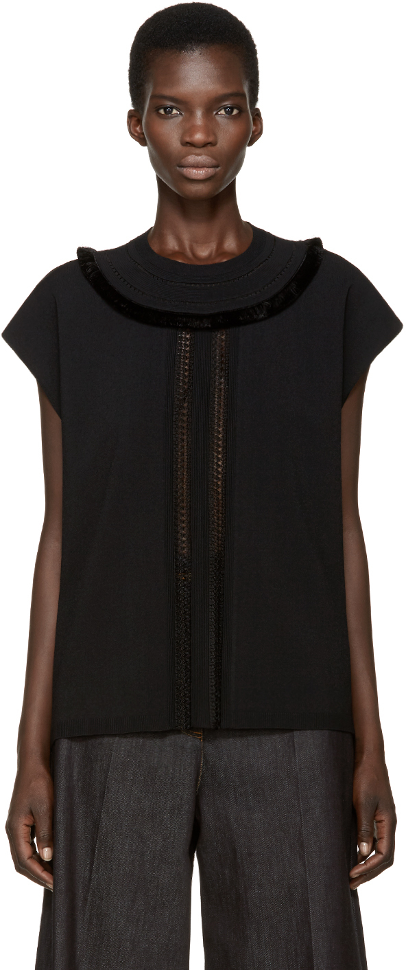 Valentino: Black Sleeveless Fringed Sweater | SSENSE