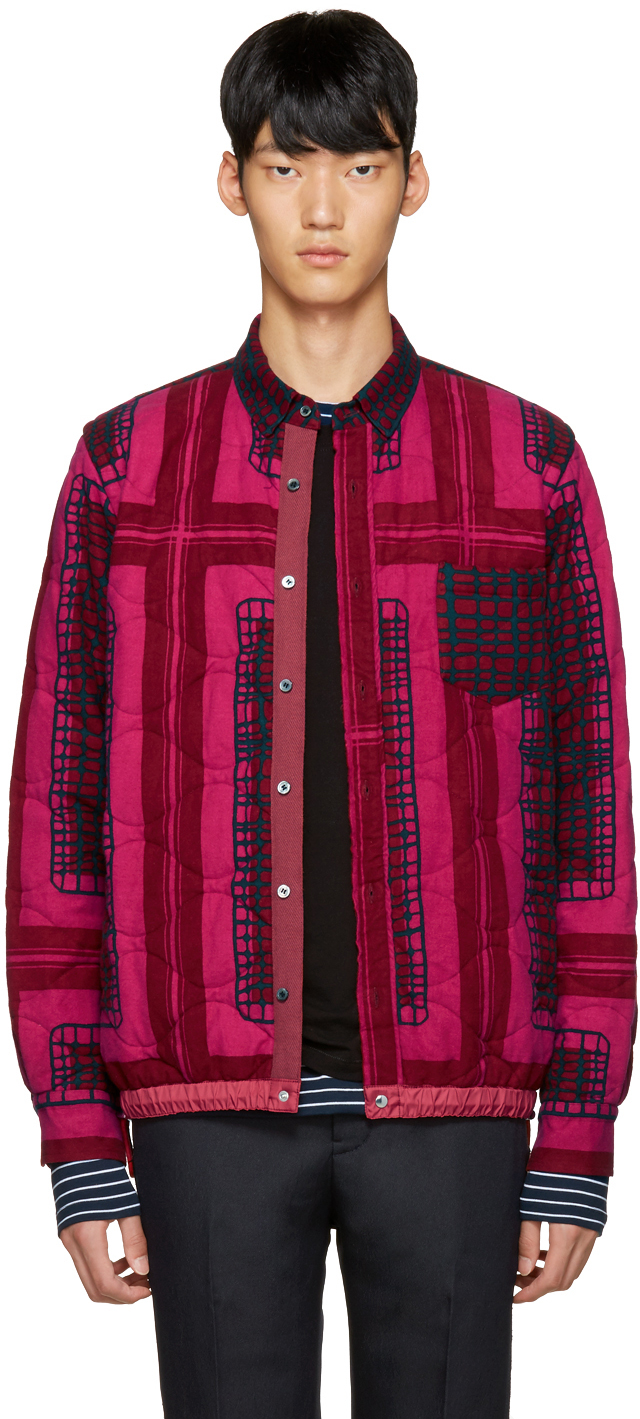 sacai: Pink Quilted Flannel Jacket | SSENSE