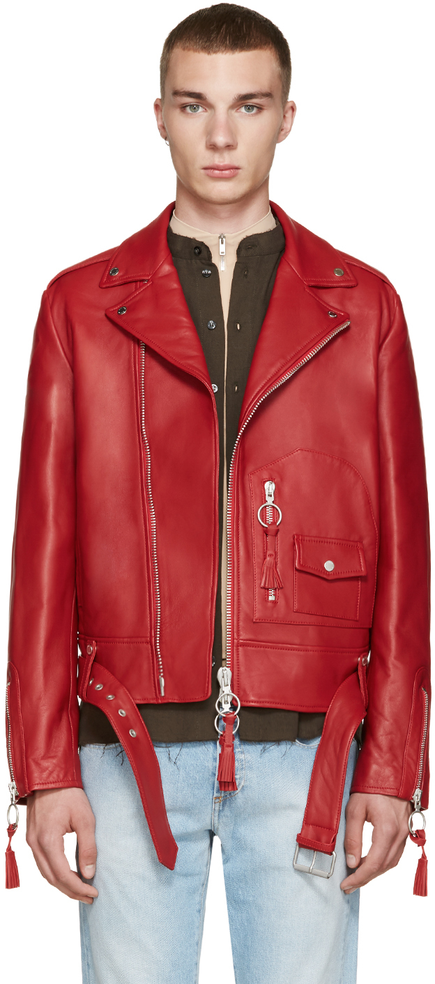 Off-White: Red Leather New Pocket Jacket | SSENSE UK