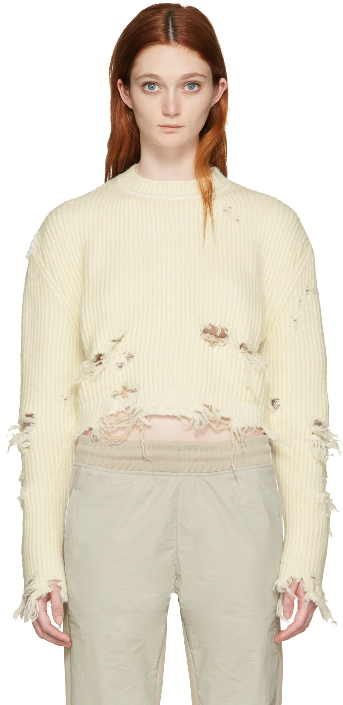 YEEZY: Off-White Destroyed Cropped Bouclé Sweater | SSENSE